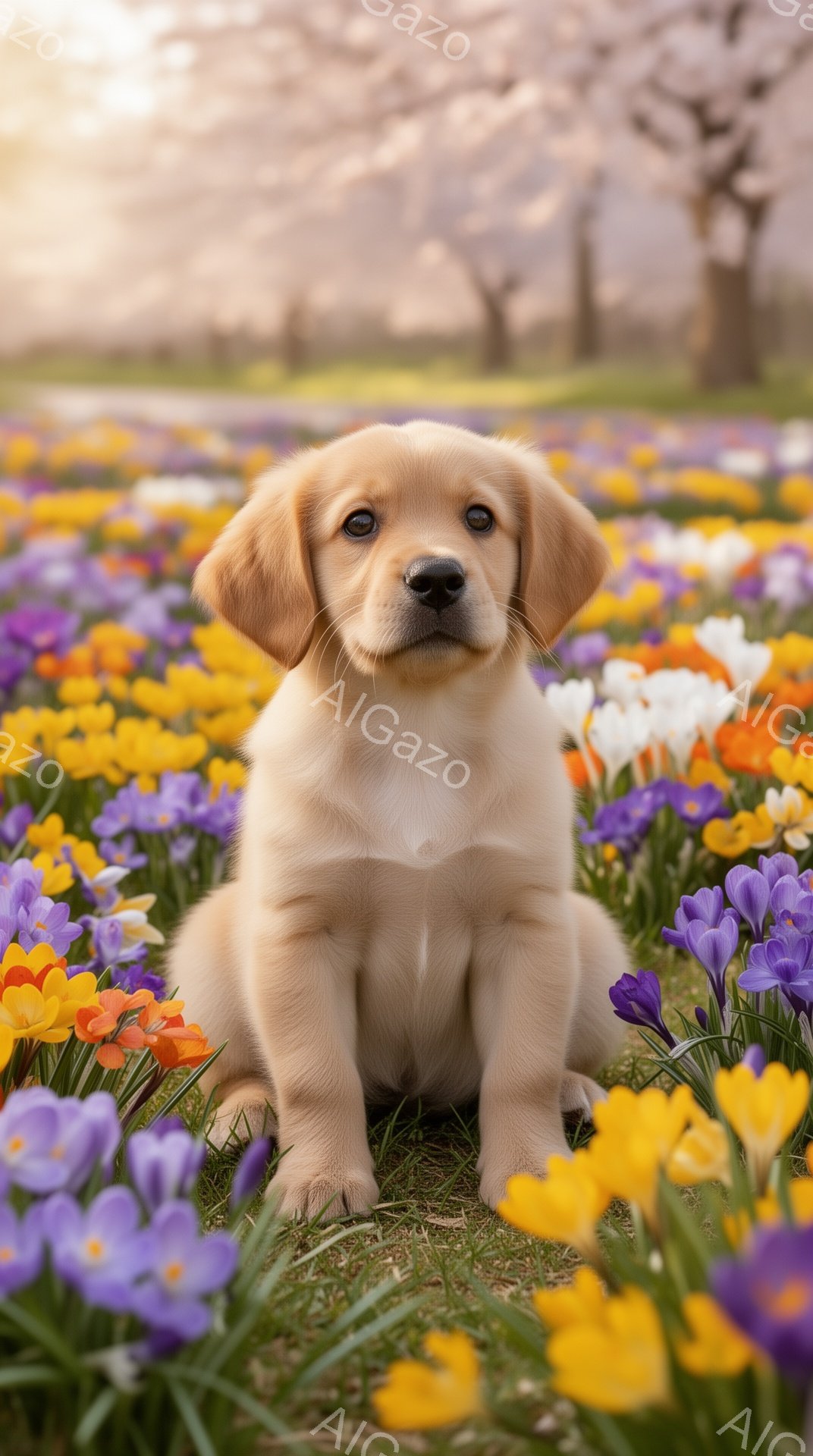 春の野原で、クリーム色の可愛らしい子犬が座っています。背景にはぼやけた桜の木々と色とりどりの花が広がり、暖かい日差しが降り注いでいます。子犬は好奇心いっぱいの表情で正面を見つめており、穏やかで幸せな雰 - AI生成フリー素材