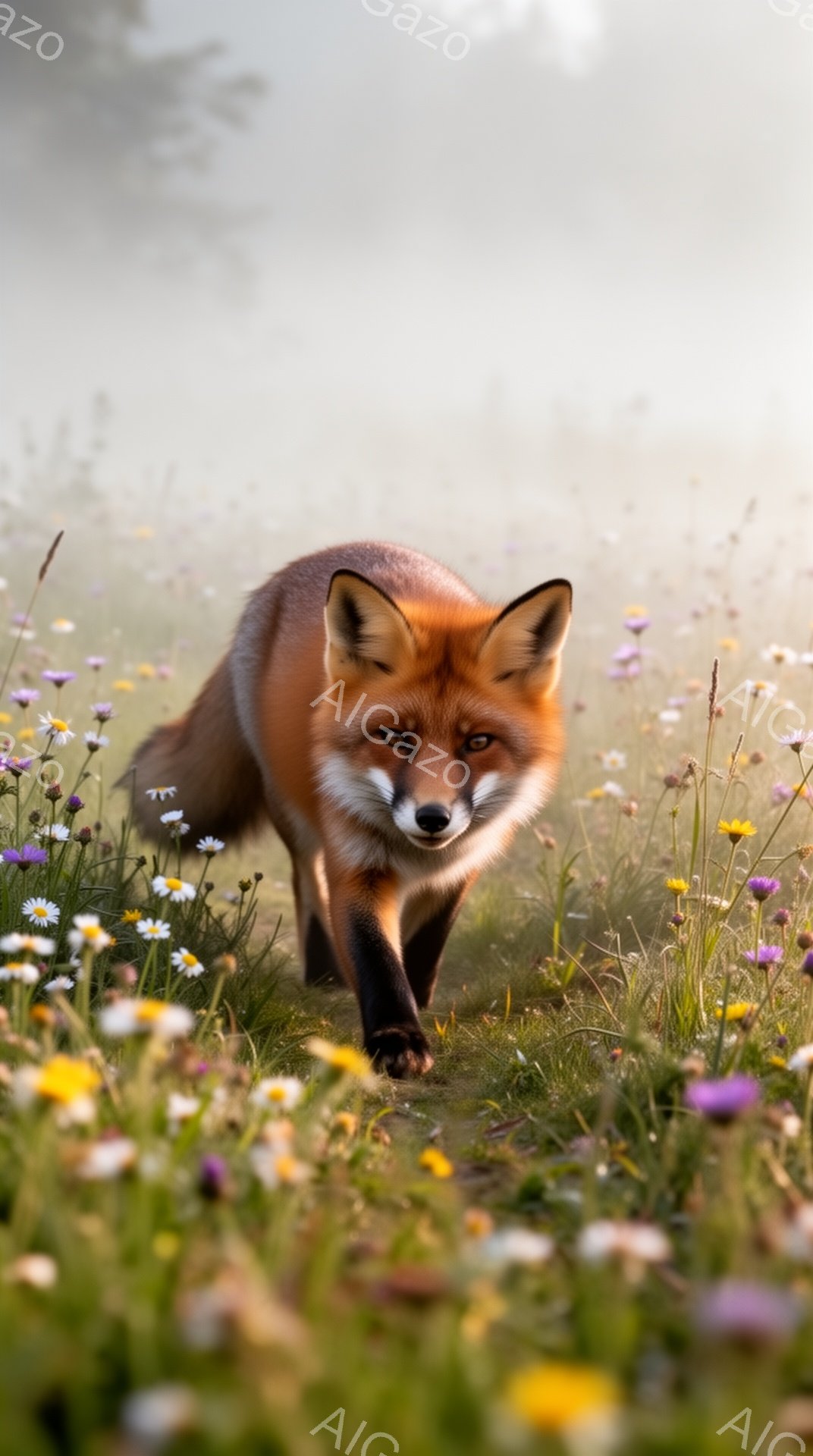 広大な野原を赤褐色のキツネが歩いている。様々な色鮮やかな花々が咲き乱れ、柔らかい光が差し込み、幻想的な雰囲気を醸し出している。キツネは前方をまっすぐ見つめ、静かに歩き進んでいる。 - AI生成フリー素材