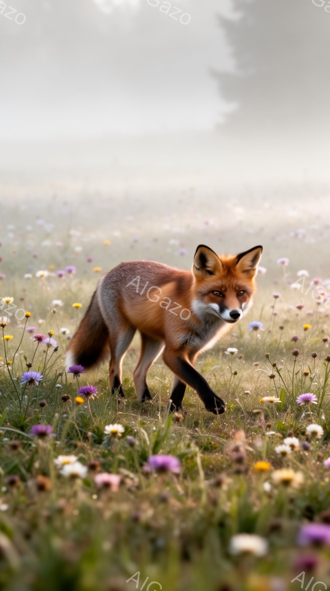 明るい野原で、オレンジ色のキツネが紫や白の花の間を駆け抜けている。キツネは前方をまっすぐ見つめ、活発で遊び心のある様子がうかがえる。背景はぼやけており、柔らかい光が全体を包み込み、穏やかな雰囲気を醸し - AI生成フリー素材