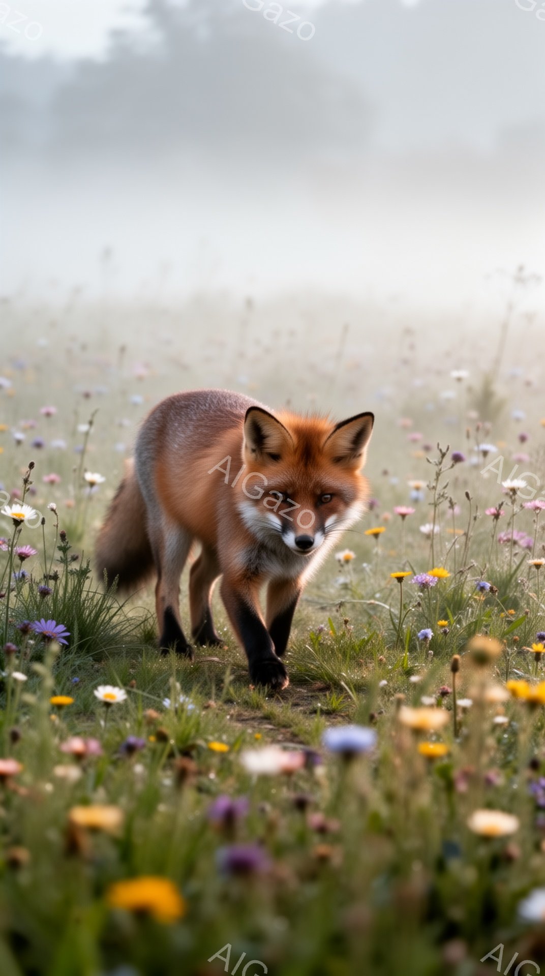 草原の中を赤いキツネが歩いている。周囲には色とりどりの花が咲き乱れ、朝霧が立ち込めている。キツネの目はカメラに向かっており、静かで穏やかな雰囲気が漂う。