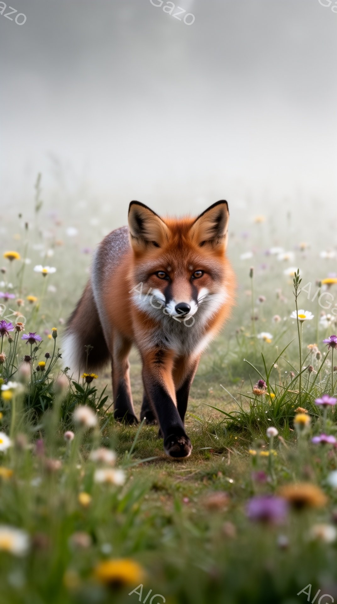 広大な花畑の中を、一匹のキツネがこちらに向かって歩いてくる。鮮やかなオレンジ色の毛並みと、澄んだ瞳が印象的で、春の穏やかな光の中で生き生きとしている。背景の花々は、ぼかし処理されており、キツネが際立っ - AI生成フリー素材