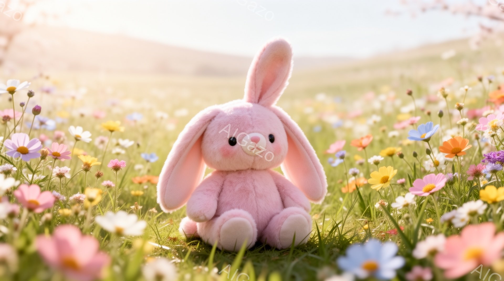 ピンク色のふわふわしたウサギのぬいぐるみが、色とりどりの花が咲き乱れる草原に座っています。太陽の光が柔らかく降り注ぎ、温かく穏やかな雰囲気を醸し出しています。背景はぼやけており、ウサギが主役となってい - AI生成フリー素材