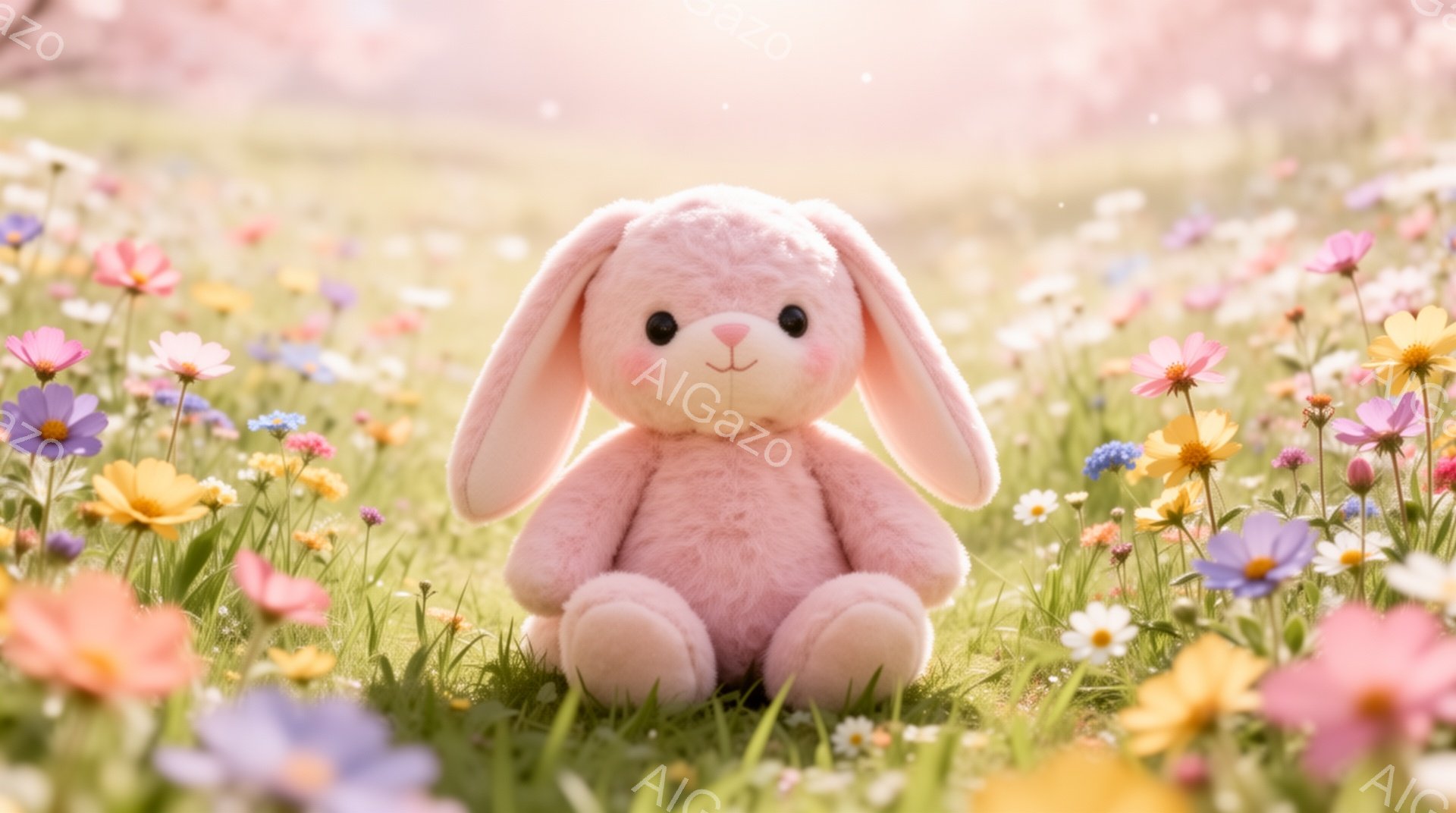 淡いピンク色のウサギのぬいぐるみは、カラフルな花々に囲まれた草の上に座っています。柔らかな光が差し込み、春らしい穏やかな雰囲気を醸し出しています。ウサギは可愛らしい表情で、見ている人を癒してくれそうです。