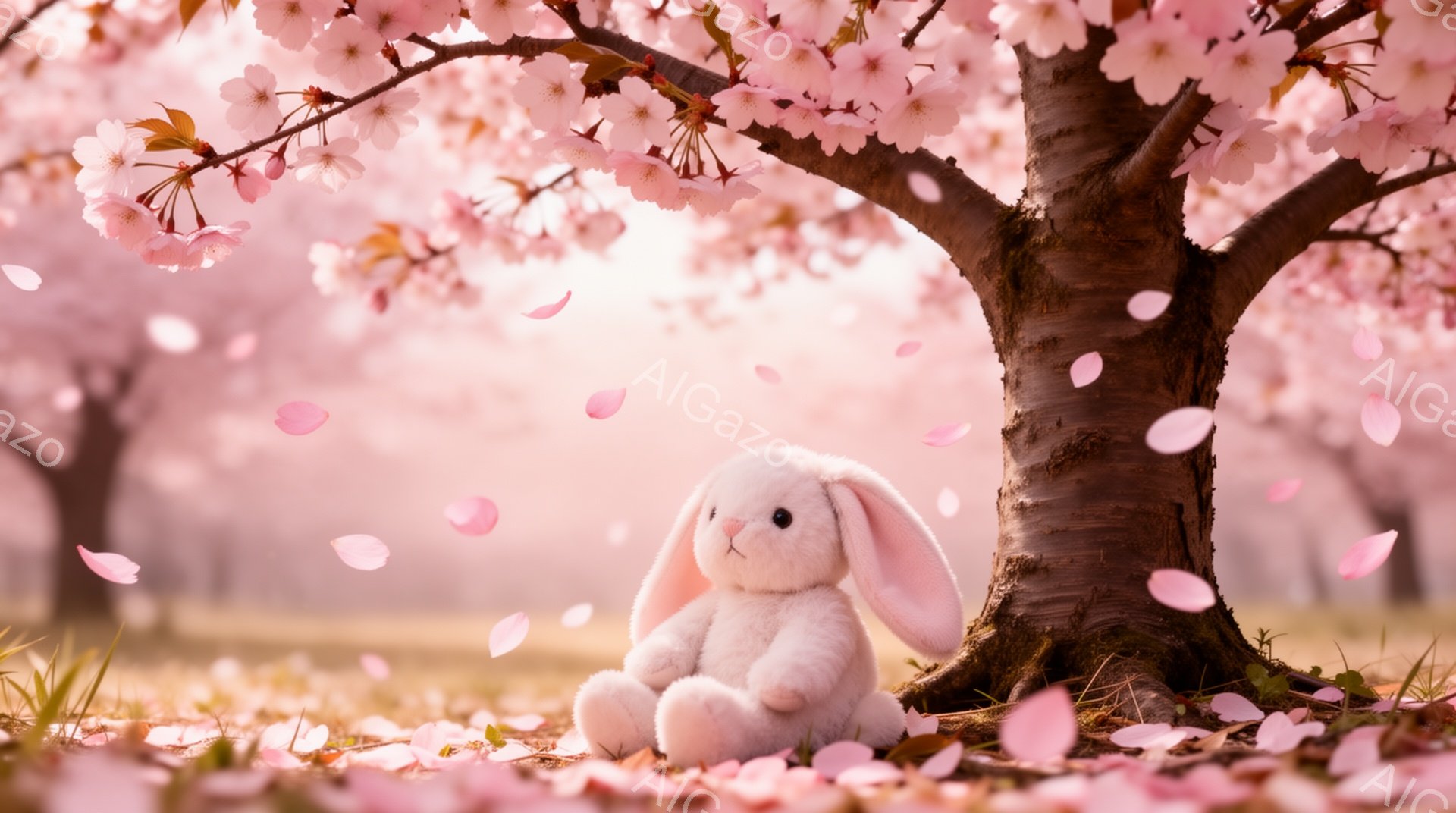 白いウサギのぬいぐるみは、桜の木の根元に座っています。 周りには桜の花びらが舞い散り、春の暖かく穏やかな雰囲気が漂っています。 木漏れ日が柔らかく差し込み、幻想的な光景を作り出しています。 - AI生成フリー素材