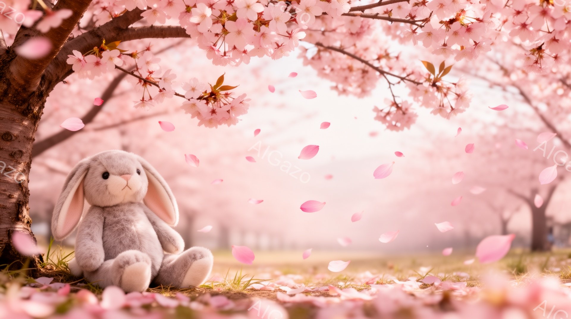 桜の木の下に座っている灰色のウサギのぬいぐるみです。周りには桜の花びらが舞い、春の優しい雰囲気が漂っています。背景はぼかされており、暖かく穏やかな印象を与えます。 - AI生成フリー素材
