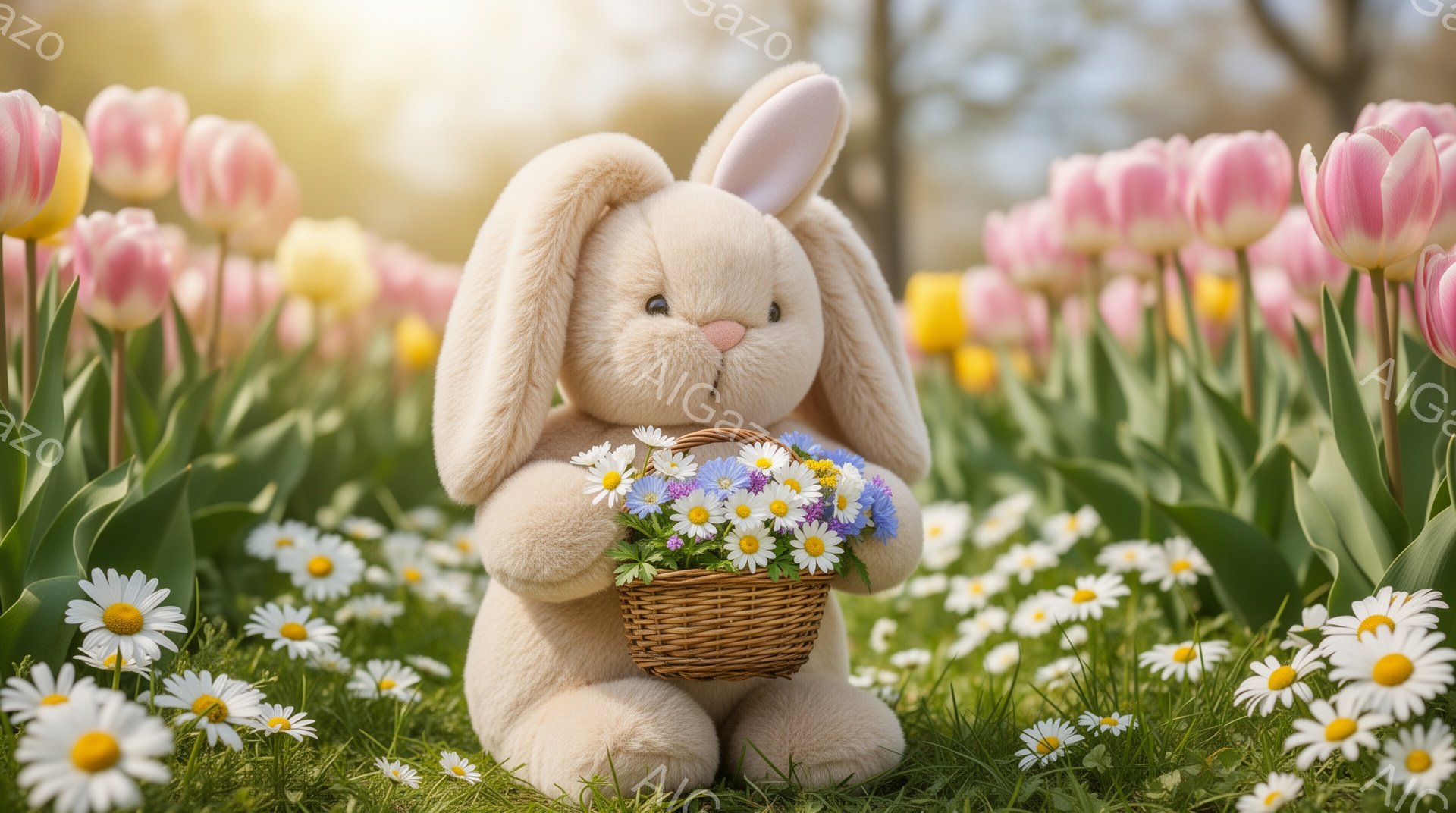 柔らかいクリーム色のウサギのぬいぐるみは、花でいっぱいの緑の草原に座っています。小さなかごには色とりどりの花が詰め込まれており、まるで春の使者のようです。背景には、ピンクや黄色のチューリップが咲き乱れ - AI生成フリー素材