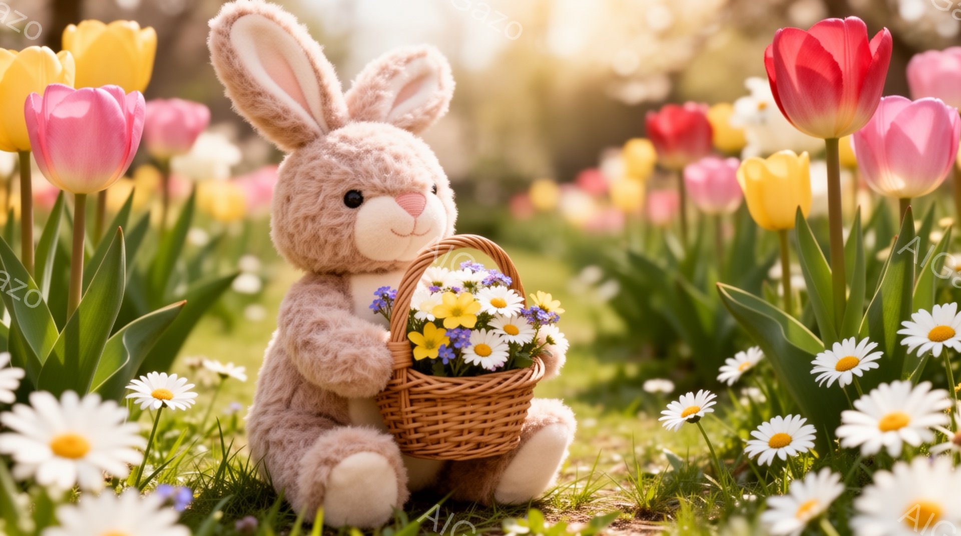 ぬいぐるみは花畑の中で可愛らしく座っており、小さなバスケットに花を抱えています。背景には色とりどりのチューリップやデイジーが咲き乱れ、春の暖かく穏やかな雰囲気が感じられます。光が柔らかく差し込み、優し - AI生成フリー素材