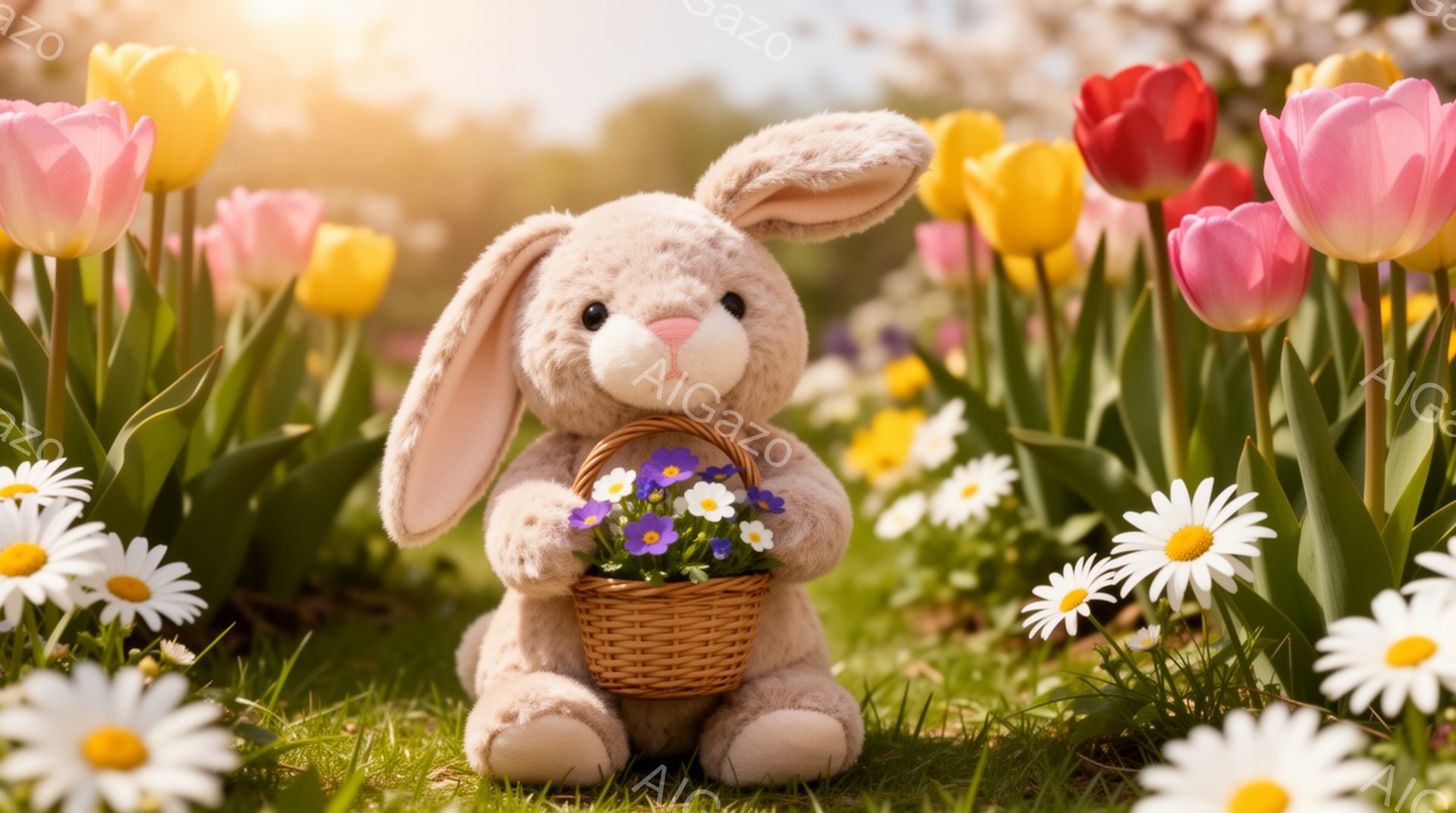 ふわふわの茶色のウサギのぬいぐるみが、花でいっぱいの草の上に座っています。小さなバスケットを持っており、中にはカラフルな花が飾られています。背景にはぼやけた春の花々が咲き誇り、暖かく穏やかな雰囲気が漂 - AI生成フリー素材