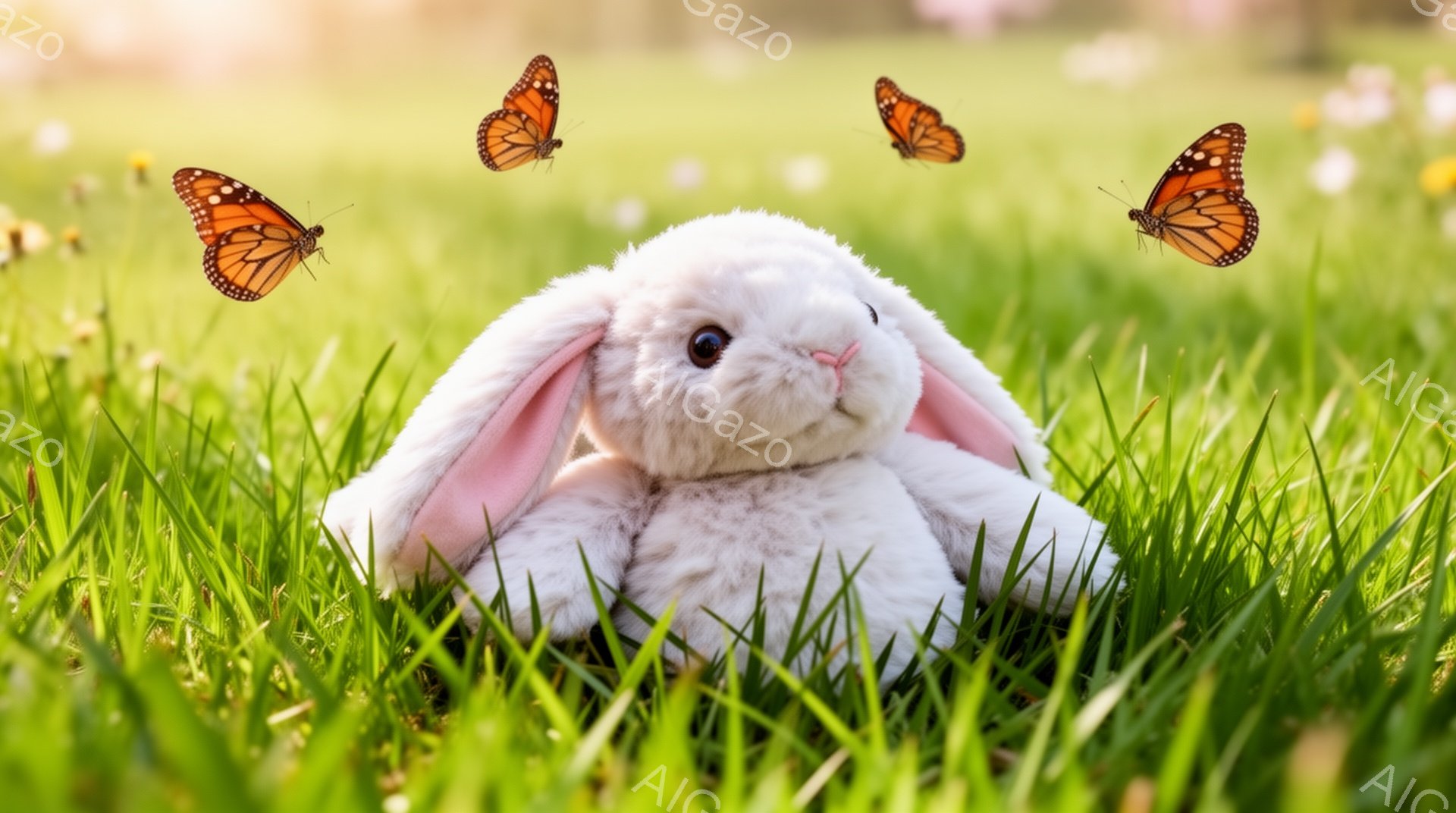 ふわふわの白いウサギのぬいぐるみは緑の草の上に横たわっています。周りにはオレンジと黒の模様の蝶が舞い、春らしい穏やかな雰囲気です。背景は柔らかい光に包まれ、自然の美しさを際立たせています。 - AI生成フリー素材