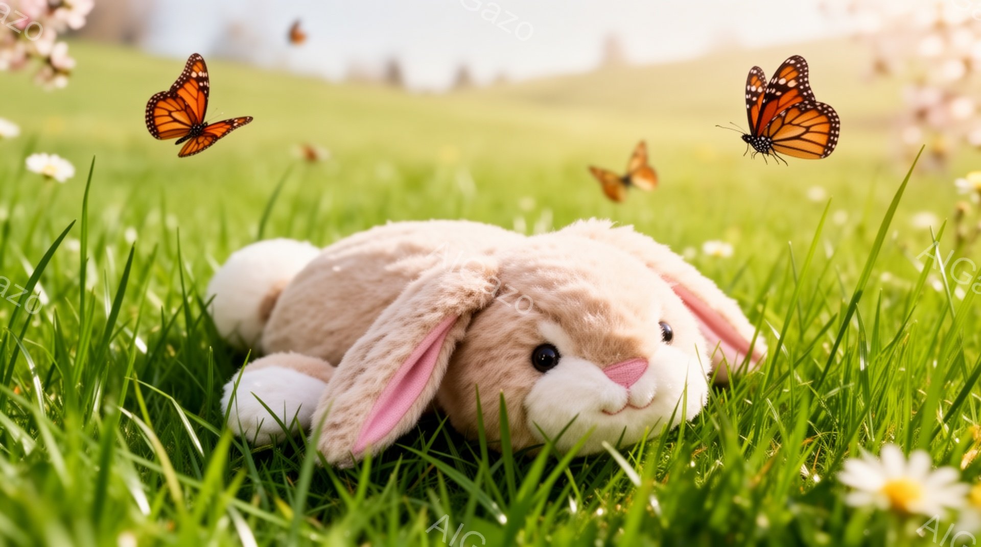 緑の草むらに、ふわふわの白い子ウサギのぬいぐるみがおとなしく横たわっています。周囲にはオレンジ色の蝶が舞っており、背景にはぼんやりと花が咲き乱れている様子が伺えます。暖かく穏やかな春の日の雰囲気が漂っ - AI生成フリー素材