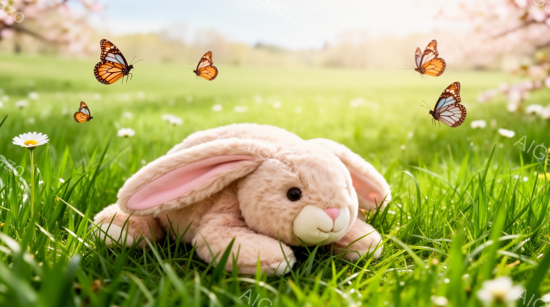 緑の草原にふわふわのうさぎのぬいぐるみがお座りしています。周りには白い小さな花とオレンジと青い蝶が舞っており、春の穏やかな雰囲気が漂っています。背景にはぼんやりと桜の木が見え、暖かく優しい光が全体を包 - AI生成フリー素材