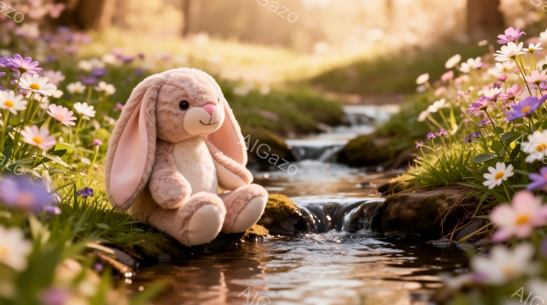 淡いピンク色のウサギのぬいぐるみは、浅い小川のほとりに座っています。周りには紫色の小さな花が咲き乱れ、背景には緑豊かな木々が見えます。暖かい日差しが全体を照らし、穏やかで牧歌的な雰囲気が漂っています。 - AI生成フリー素材