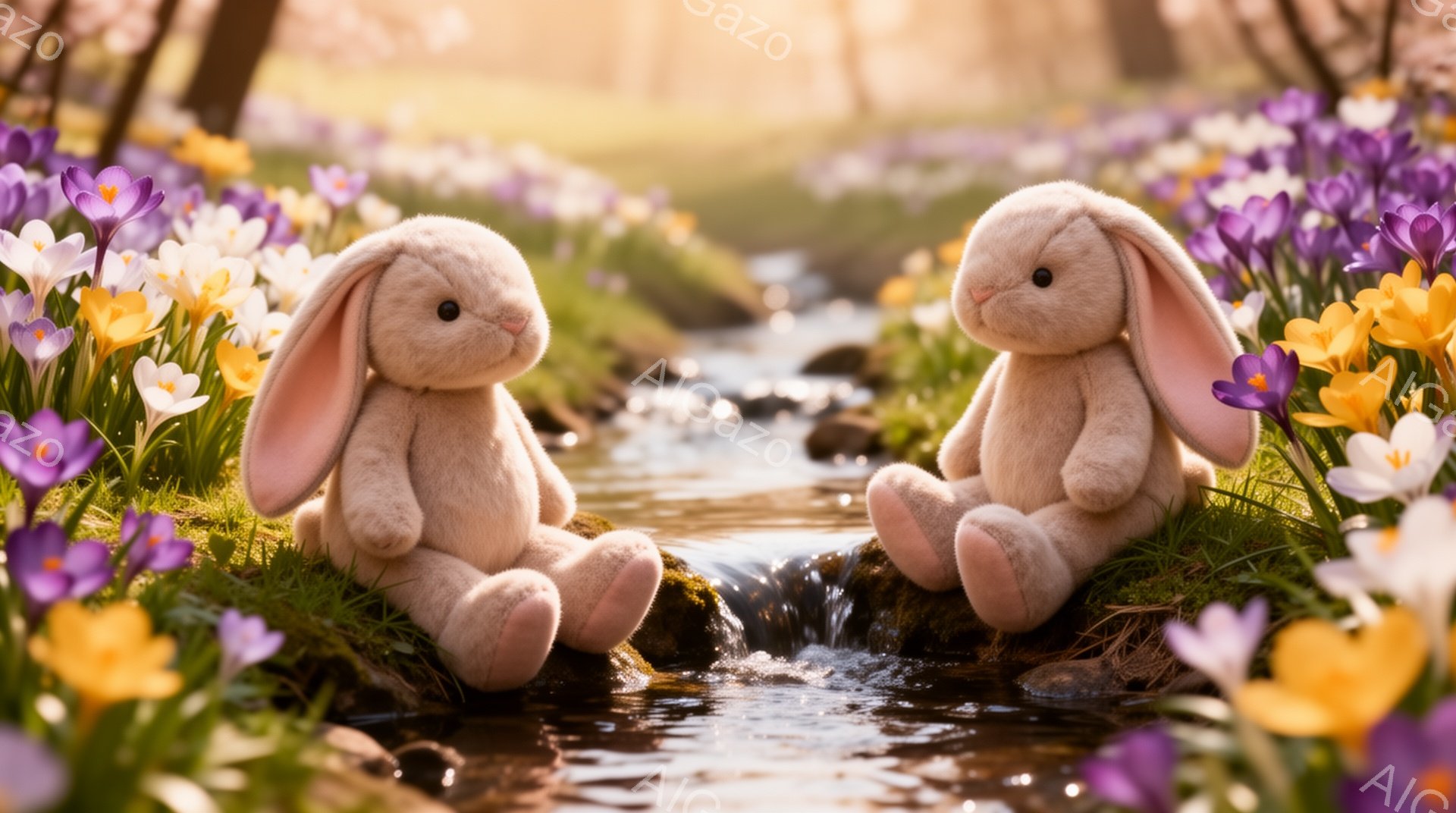 明るい春の日に、小川のほとりに2匹のふわふわのウサギのぬいぐるみたちが座っています。周りには紫と黄色の花が咲き乱れ、背景には緑豊かな木々が見えます。暖かく穏やかな雰囲気で、春の訪れを感じさせます。 - AI生成フリー素材