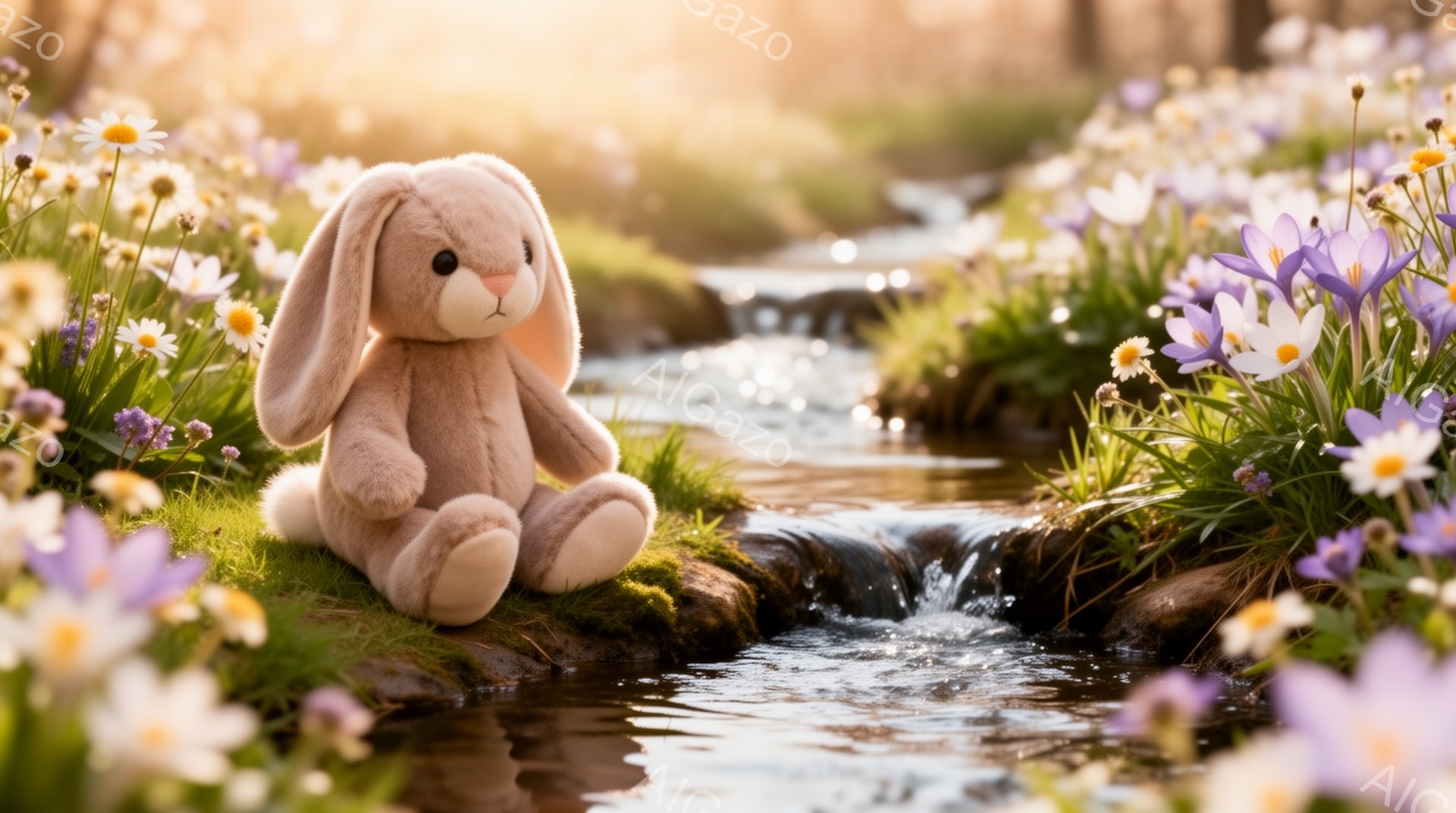 小さなうさぎのぬいぐるみが、小川のそばの緑の土手に座っています。周りには紫と白の小さな花が咲き乱れ、春の暖かく穏やかな雰囲気を醸し出しています。柔らかい光が差し込み、自然とぬいぐるみの愛らしさが引き立 - AI生成フリー素材