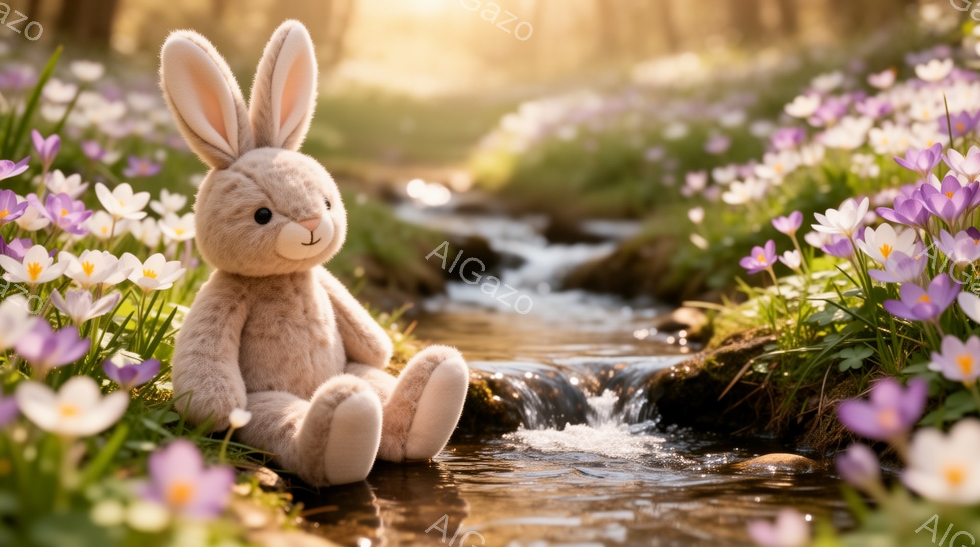 ふわふわのベージュ色のウサギのぬいぐるみは、春の小川のそばに座っています。周りには紫色のクロッカスが咲き乱れ、柔らかい光が差し込んでいます。穏やかで牧歌的な雰囲気を感じさせる、温かい光景です。