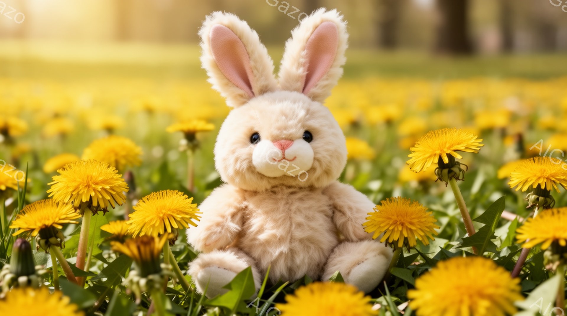 淡いクリーム色の毛並みを持つウサギのぬいぐるみです。タンポポがたくさん咲く緑の草原の中に座っており、優しい日差しが当たっています。春の穏やかな雰囲気を感じさせる、温かく可愛らしい光景です。 - AI生成フリー素材
