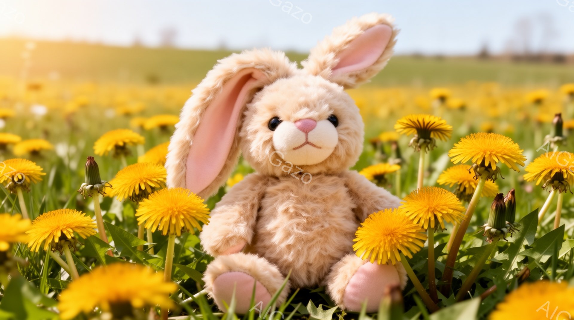 淡いクリーム色の毛並みのウサギのぬいぐるみは、タンポポが咲き乱れる草原に座っています。優しい表情で、ピンク色の足がちょこんと突き出しており、可愛らしい雰囲気を醸し出しています。背景には明るい太陽光が差 - AI生成フリー素材