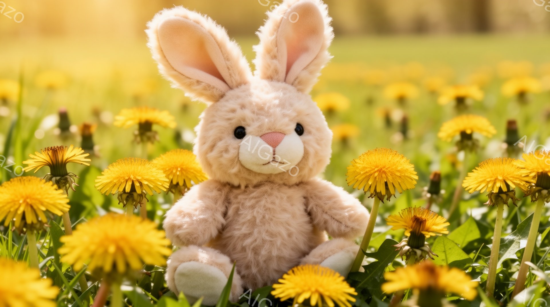 ふわふわのベージュ色のウサギのぬいぐるみは、タンポポがたくさん咲く緑の草の上に座っています。柔らかい日差しが当たり、春の穏やかな雰囲気が漂います。ぬいぐるみは正面を向き、愛らしい表情をしています。 - AI生成フリー素材