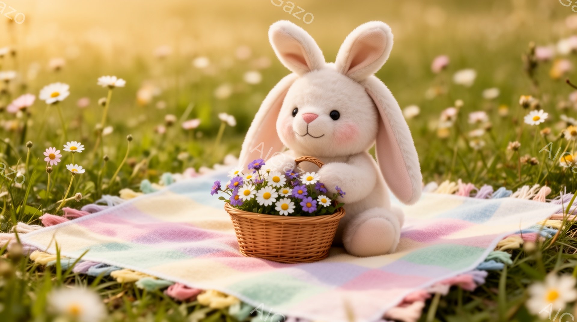 ふわふわの白いウサギのぬいぐるみは、花が咲き乱れる草原のピクニックブランケットの上に座っています。小さなバスケットいっぱいの花を抱え、穏やかで幸せそうな表情をしています。背景は緑豊かで、春の暖かい日差しが降り注いでいます。