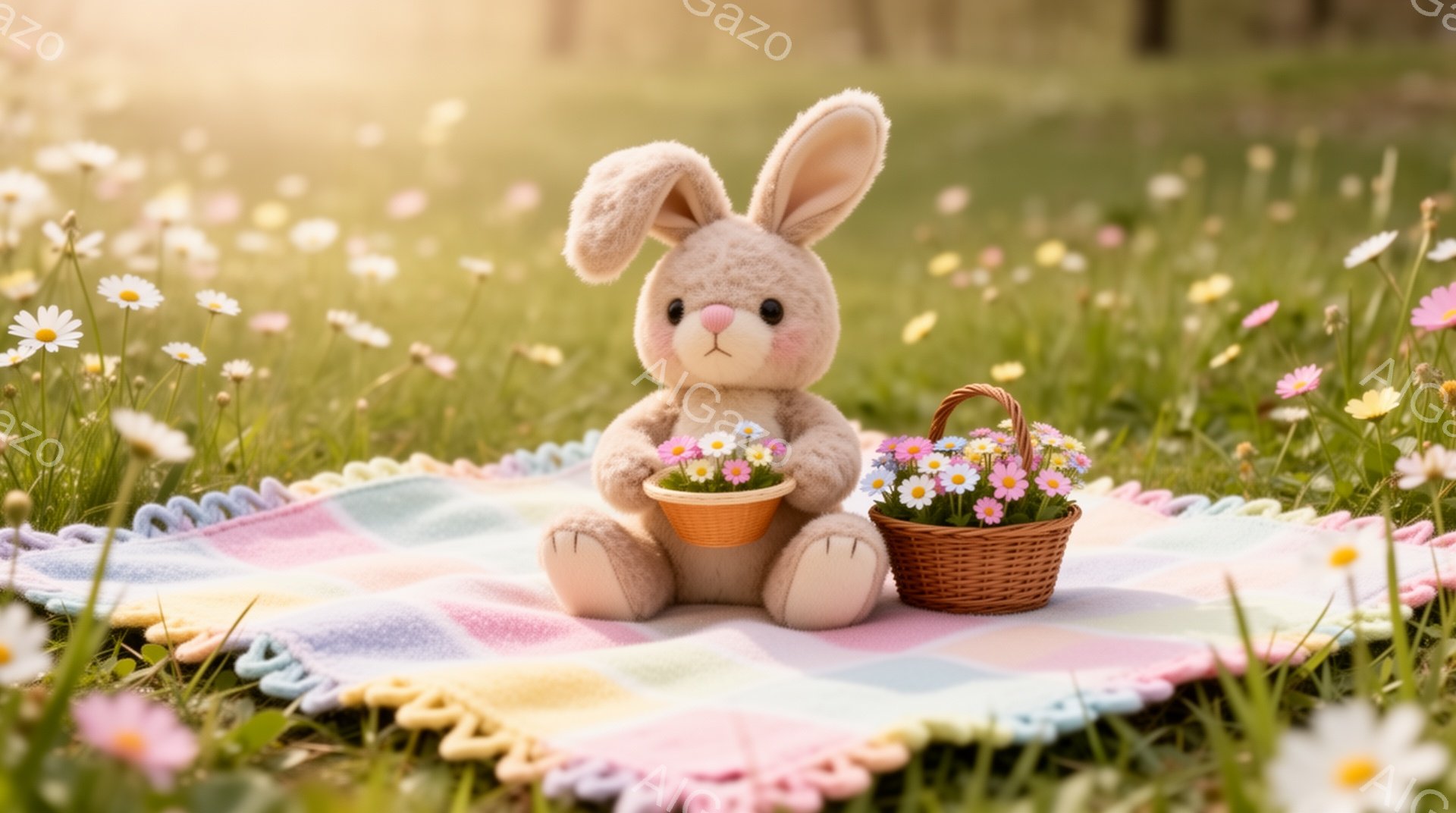 鮮やかな緑の草の上に、パステルカラーのチェック柄のブランケットが敷かれており、その上にふわふわの茶色のウサギのぬいぐるみがあります。ウサギは小さな花でいっぱいのバスケットを抱え、穏やかな表情をしています。背景には様々な野花が咲き乱れ、暖かく優しい春の雰囲気を醸し出しています。