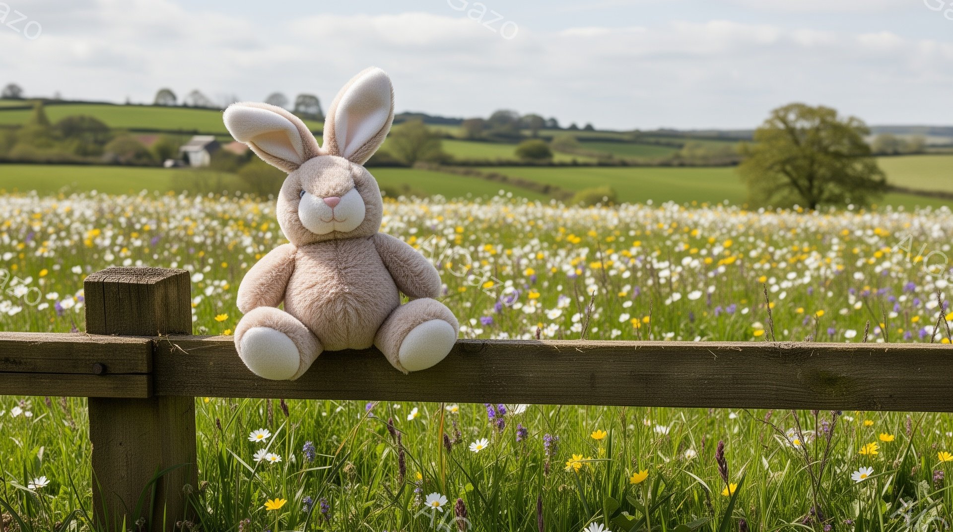 牧場のフェンスに座っているぬいぐるみウサギが写っています。背景には、白や黄色の花が咲き乱れる緑豊かな牧草地と、遠くの丘陵地帯が見えます。穏やかで平和な雰囲気で、春または夏の日の光が優しく差し込んでいます。