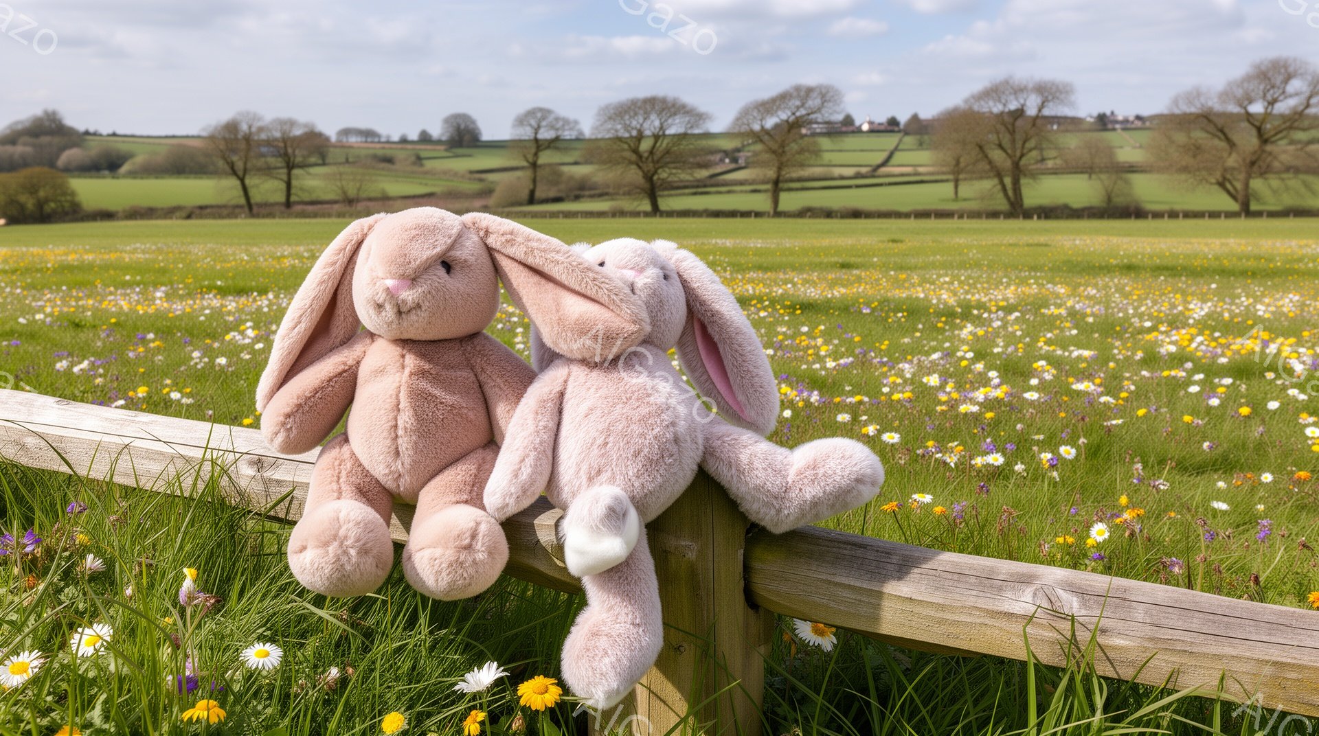 ピンク色の柔らかいウサギのぬいぐるみ２体が木のフェンスの上に座って、鮮やかな野の花が咲き乱れる草原を見下ろしている。穏やかな日差しが差し込み、春の暖かさと平和な雰囲気を醸し出している。背景には緑の丘と木々が広がり、のどかな田園風景が広がっている。