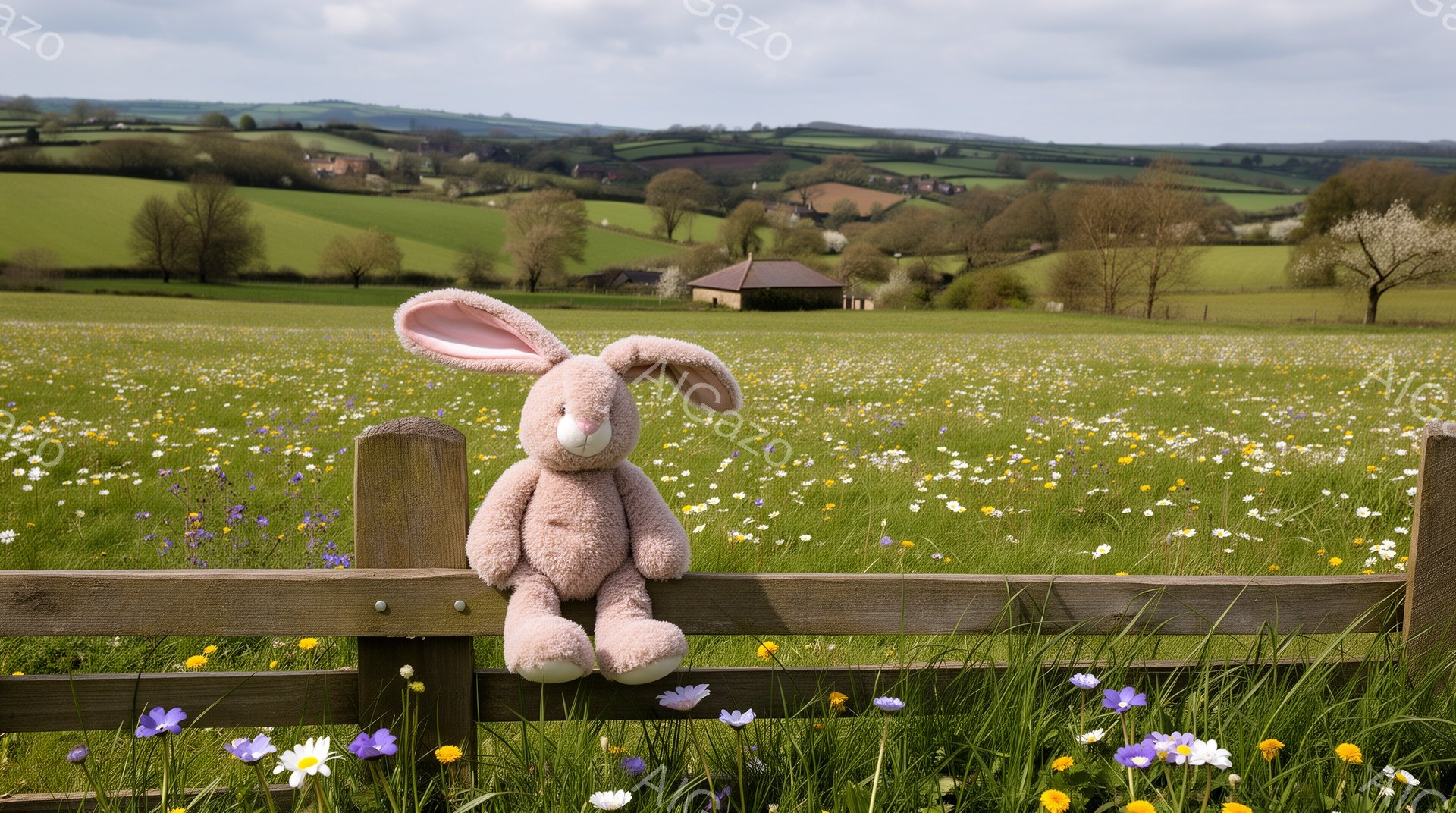 柵の上に座っているふわふわのピンク色のウサギのぬいぐるみです。背景には緑豊かな丘陵地帯と小さな家々が広がり、野原には色とりどりの花々が咲き乱れています。穏やかで平和な春の日の光景です。 - AI生成フリー素材