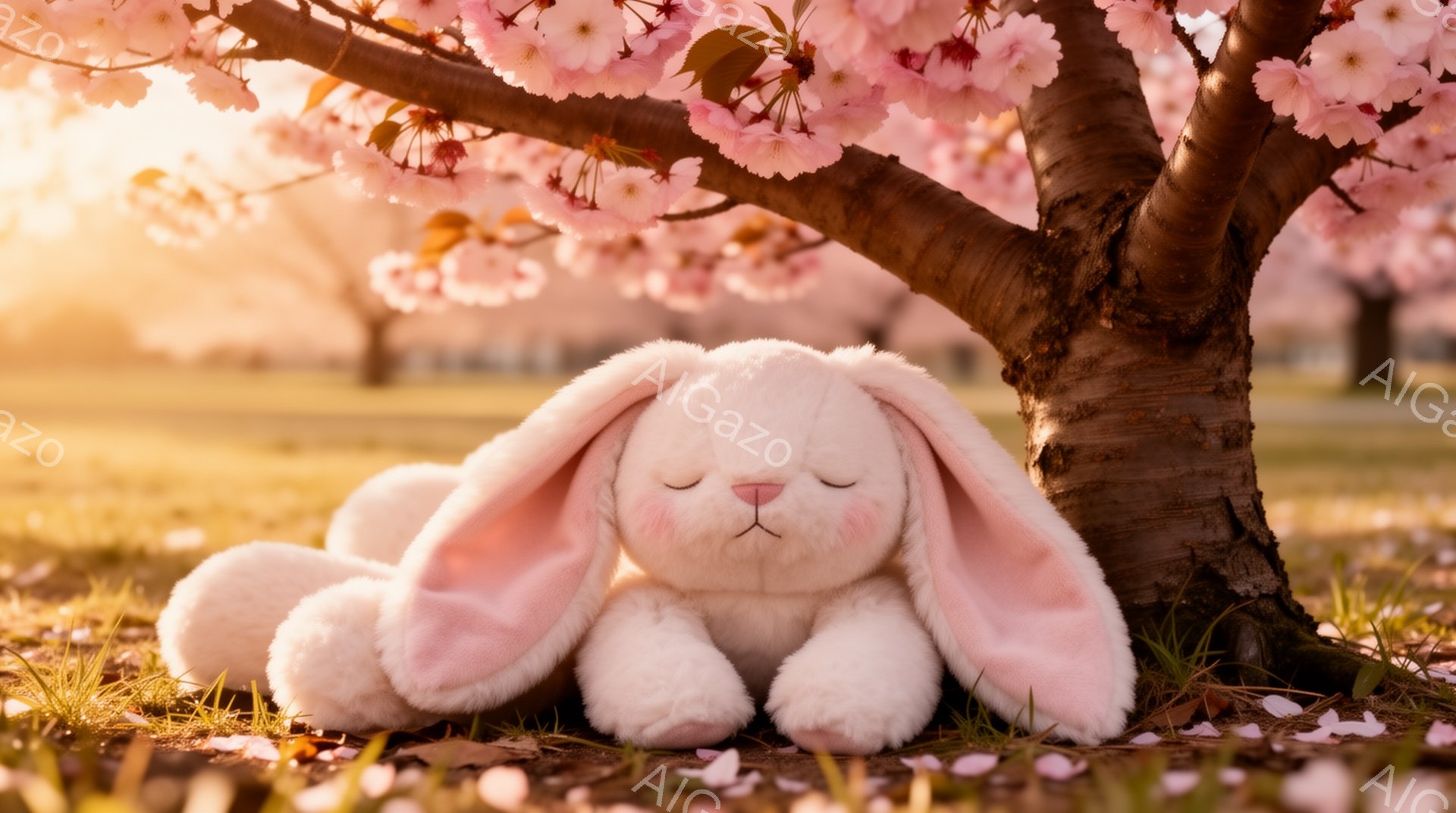 柔らかいピンク色のウサギのぬいぐるみは、桜の木の根元で目を閉じて眠っています。周りには桜の花びらが舞い散り、春の暖かく優しい雰囲気を醸し出しています。木漏れ日がウサギのぬいぐるみを照らし、幻想的な光景 - AI生成フリー素材