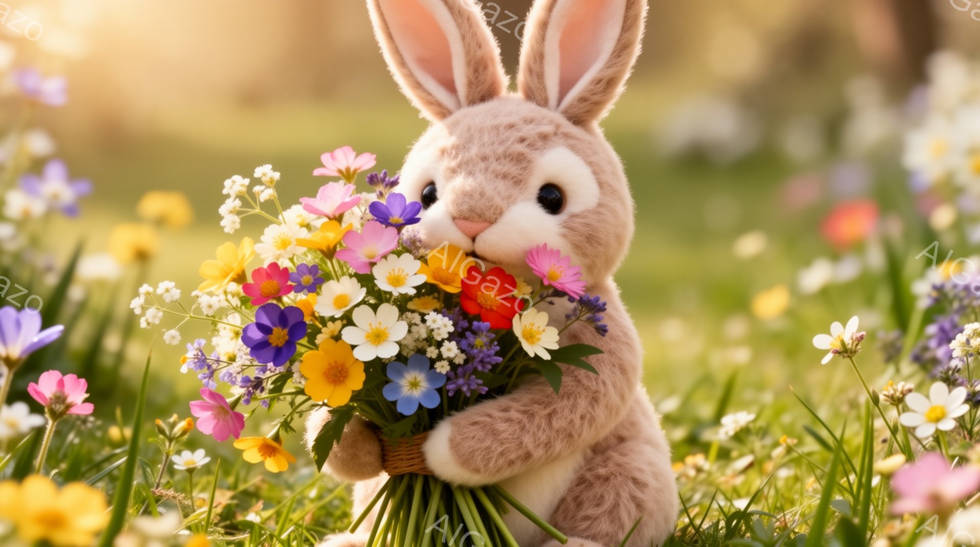 柔らかい毛並みのうさぎが、色とりどりの花束を抱えています。周りには同じような花が咲き乱れ、春の暖かい日差しが降り注いでいます。可愛らしいうさぎと花々が、穏やかで優しい雰囲気を醸し出しています。 - AI生成フリー素材