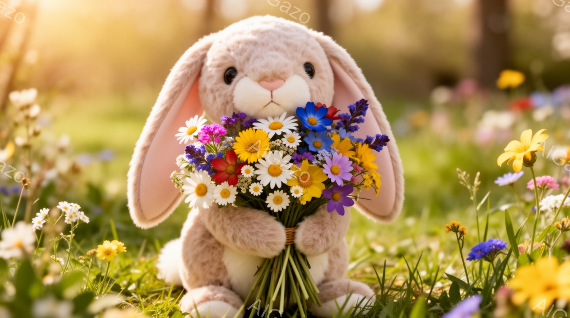ぬいぐるみは、明るい野原で花束を抱えています。柔らかいピンク色のウサギで、可愛らしい表情をしています。背景には、さまざまな色とりどりの花が咲き乱れ、春らしい穏やかな雰囲気を醸し出しています。
