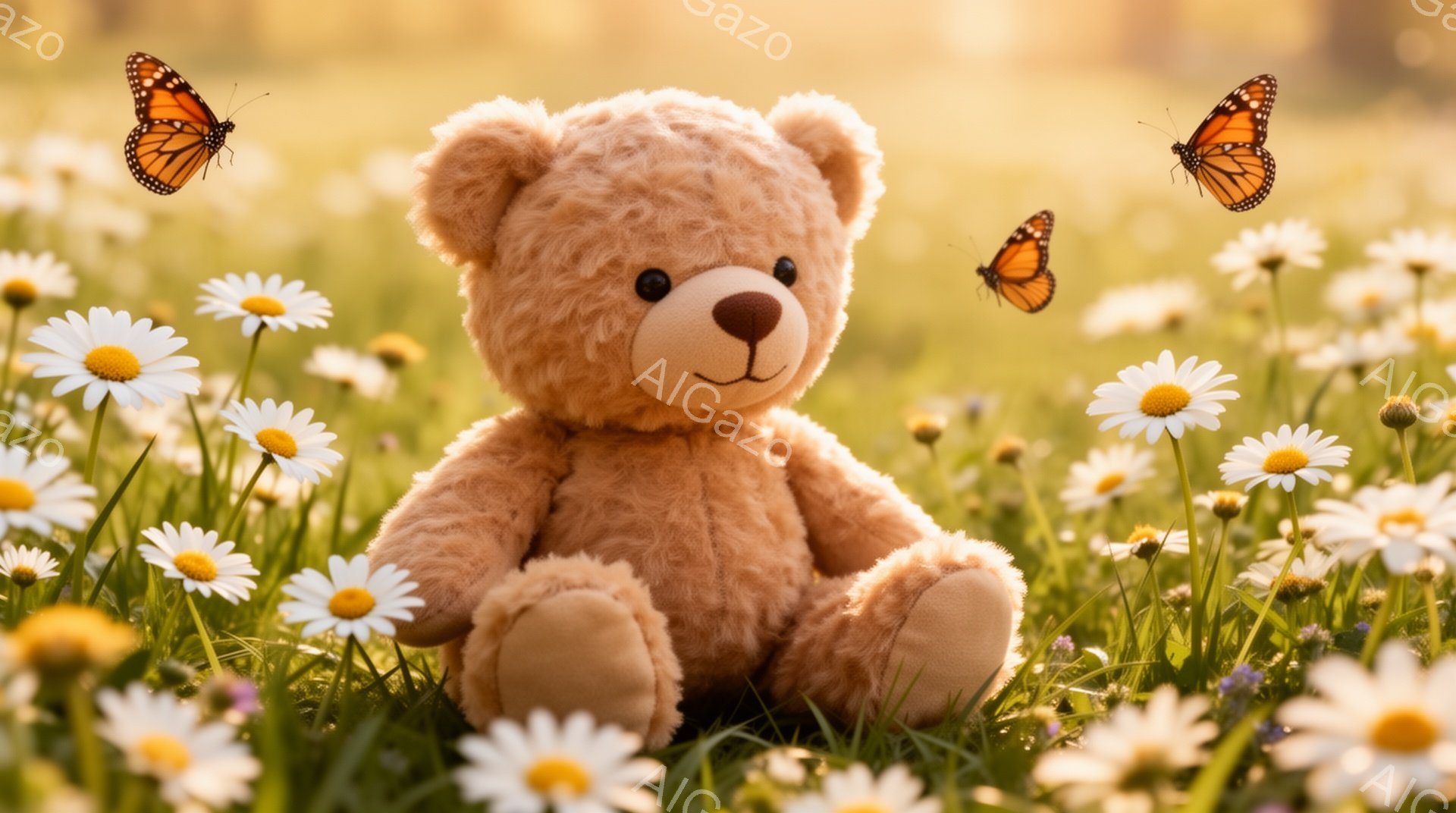 ふわふわの茶色のテディベアが、白いデイジーの花畑に座っています。周りには、オレンジと黒の模様の蝶が舞っており、暖かく穏やかな雰囲気を醸し出しています。背景はぼやけており、春または夏の日の光が差し込んで - AI生成フリー素材