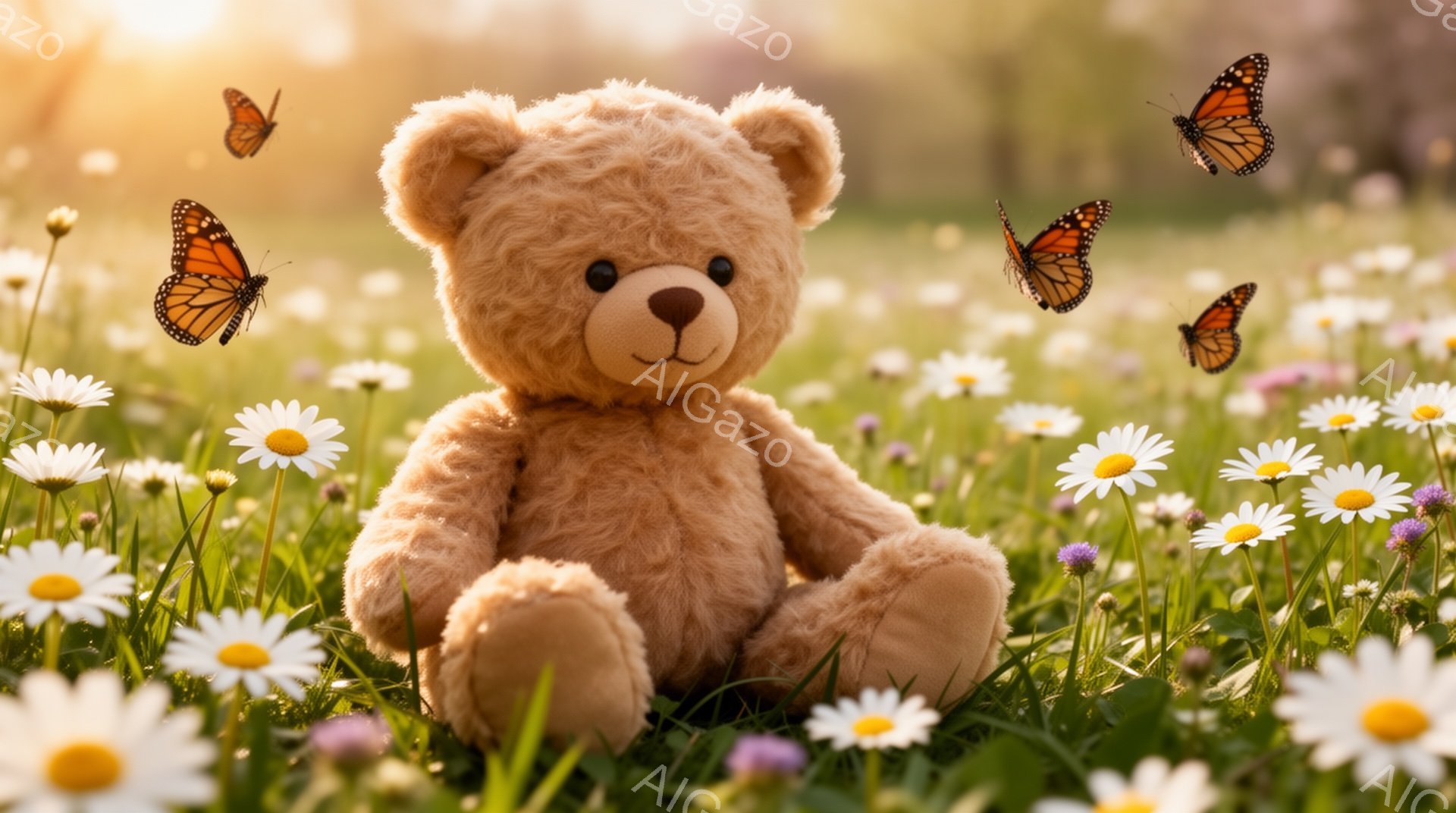 柔らかい茶色のテディベアが、白いデイジーや紫色の花々が咲き乱れる草原に座っています。周りには色とりどりの蝶が舞い、暖かく穏やかな雰囲気を醸し出しています。春の陽光が差し込み、平和で牧歌的な光景を作り出 - AI生成フリー素材