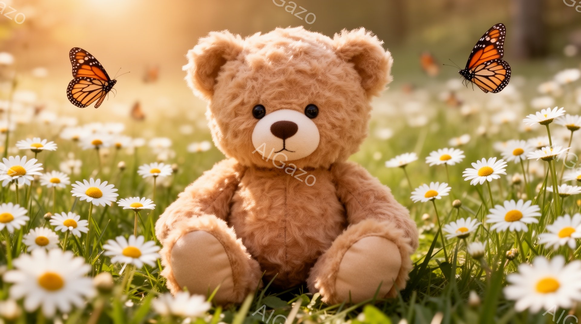 ぬいぐるみは、白いデイジーの花畑に座っており、穏やかな表情をしています。暖かい日差しが背景を照らし、蝶が周りを舞っている様子が春らしい、のどかな雰囲気を醸し出しています。可愛らしいテディベアが、自然の - AI生成フリー素材