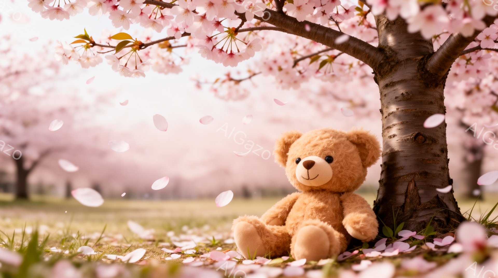 桜の木の下に座っている可愛らしいテディベアが描かれています。ピンク色の桜の花びらが舞い散り、春の暖かく優しい雰囲気を醸し出しています。背景はぼやけており、テディベアがより際立って見えます。 - AI生成フリー素材