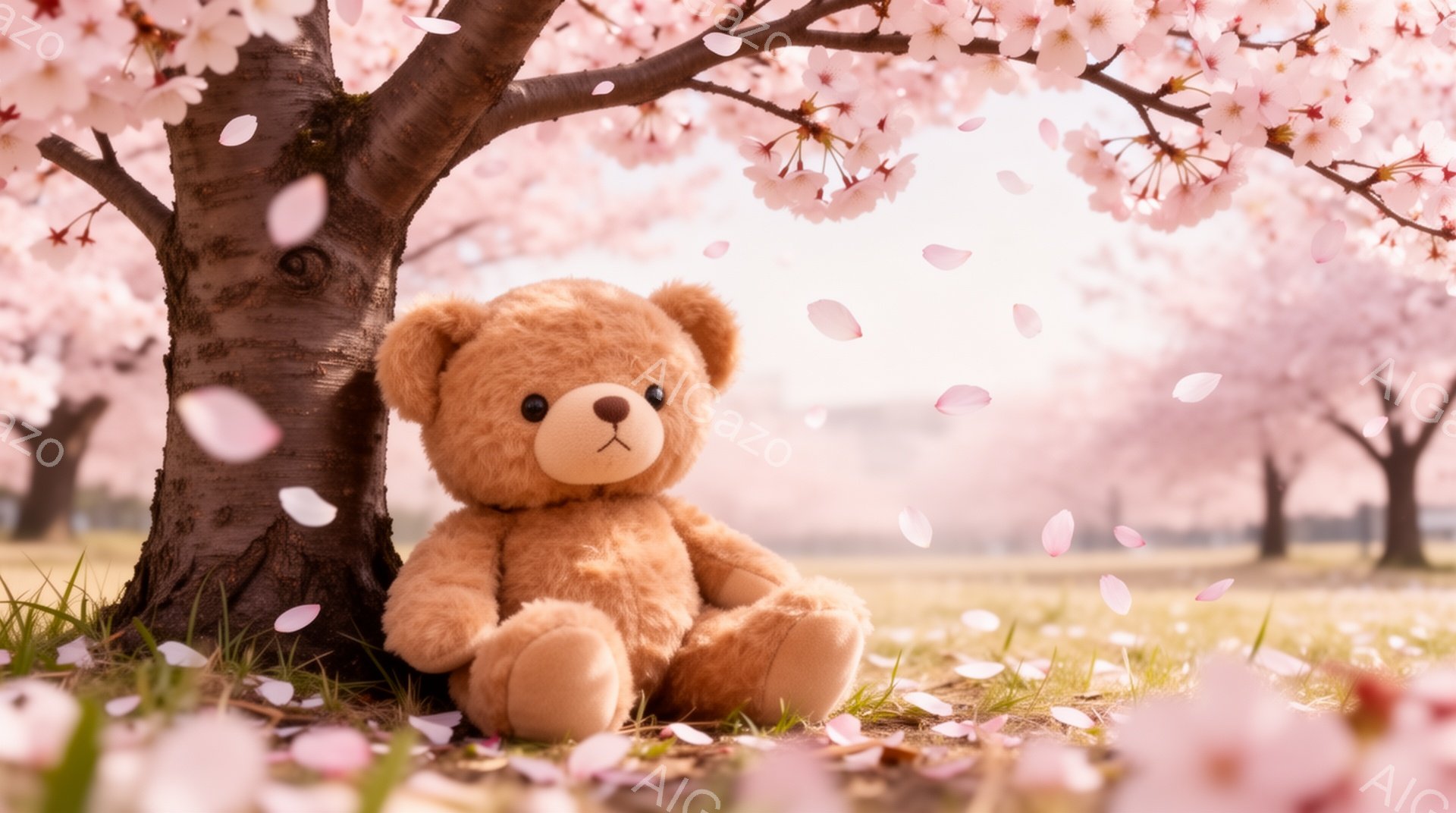 桜の木の下に座っている茶色のテディベアが写っています。背景は桜の花びらが舞い散る美しい風景で、春の穏やかな雰囲気が漂っています。柔らかい光がテディベアを照らし、暖かく優しい印象を与えます。 - AI生成フリー素材