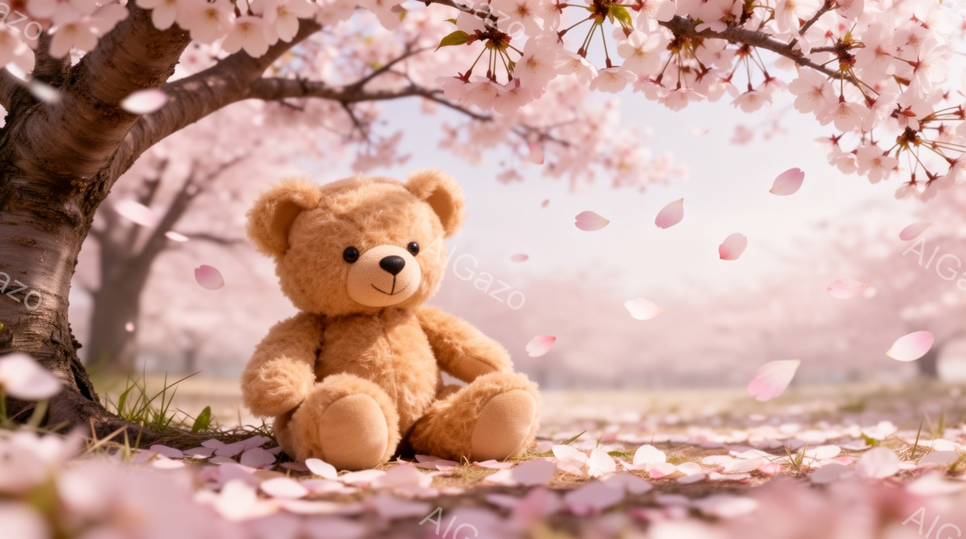 桜の木の下に座っているテディベアがいます。ピンク色の桜の花びらが舞い散り、柔らかく春らしい雰囲気を醸し出しています。かわいらしいテディベアは、穏やかな表情で周囲の美しい景色を眺めているようです。 - AI生成フリー素材