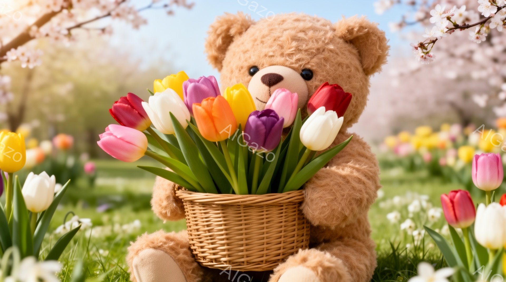 ぬいぐるみは花束を抱えており、背景には春らしい桜並木とチューリップ畑が広がっています。柔らかい日差しが全体を照らし、暖かく穏やかな雰囲気が漂います。可愛らしいテディベアと色とりどりの花々が、春の訪れを告げるような光景です。