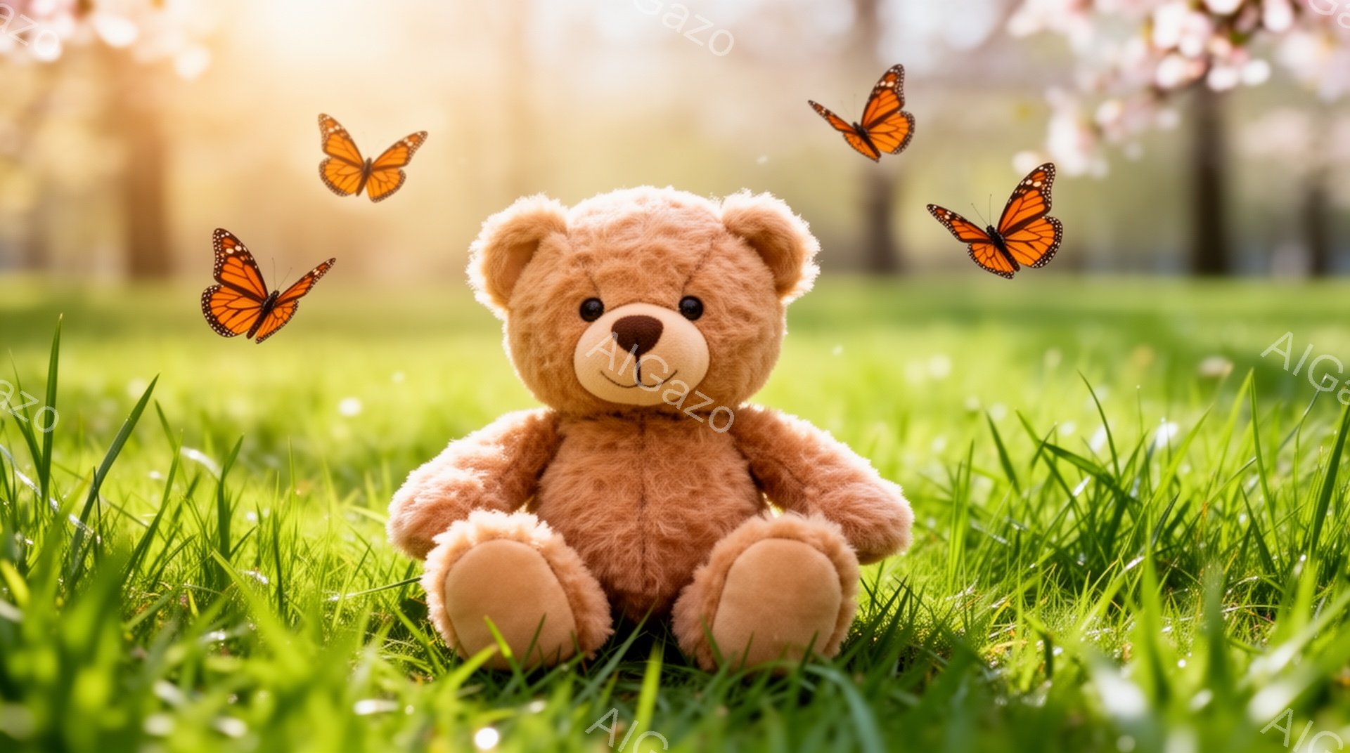 緑の草むらに座っている、ふわふわの茶色のテディベアです。周りにはオレンジ色の蝶が舞っており、春の暖かな日差しが背景を照らしています。穏やかで優しい雰囲気の画像です。 - AI生成フリー素材