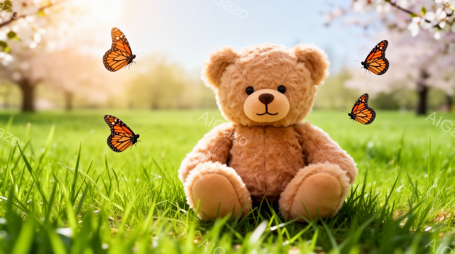 緑の芝生の上に座っている、ふわふわの茶色のテディベアです。周りにはオレンジと黒の模様の蝶が舞っており、春らしい穏やかな雰囲気を醸し出しています。背景には、ぼやけた桜の木と柔らかい光が見え、平和な情景を - AI生成フリー素材