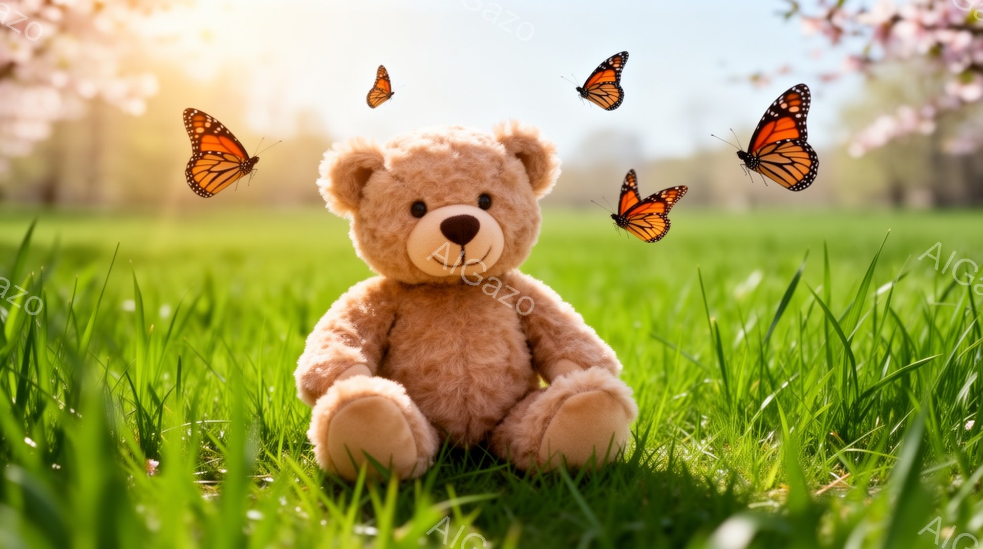 緑の草むらに座っている、ふわふわの茶色のテディベアがいます。周りには数匹のオレンジと黒の蝶が舞っており、春の穏やかな雰囲気を醸し出しています。背景にはぼやけた木々と空が広がり、明るく優しい光が差し込ん - AI生成フリー素材