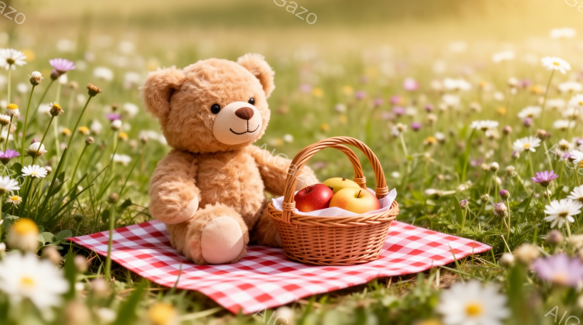 テディベアが赤いチェック柄の敷物の上に座り、手にはリンゴと果物が入ったバスケットを持っています。周りには色とりどりの花が咲き乱れ、暖かく優しい雰囲気です。春のピクニックを楽しむ様子がうかがえます。 - AI生成フリー素材