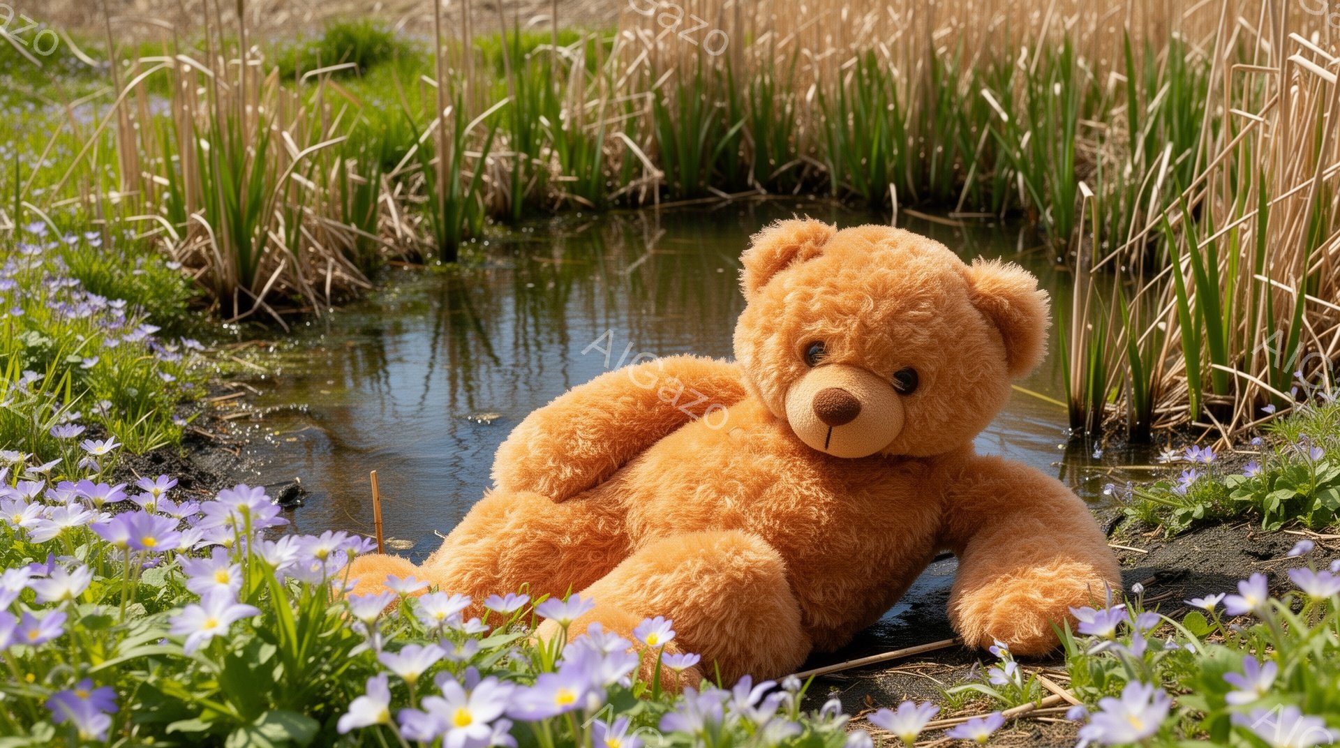 泥だらけの岸辺に座っている茶色のテディベアがいます。周りには紫色の花が咲き乱れ、背景には背の高い草が生い茂っています。可愛らしいクマと春らしい花々が、穏やかで優しい雰囲気を醸し出しています。 - AI生成フリー素材