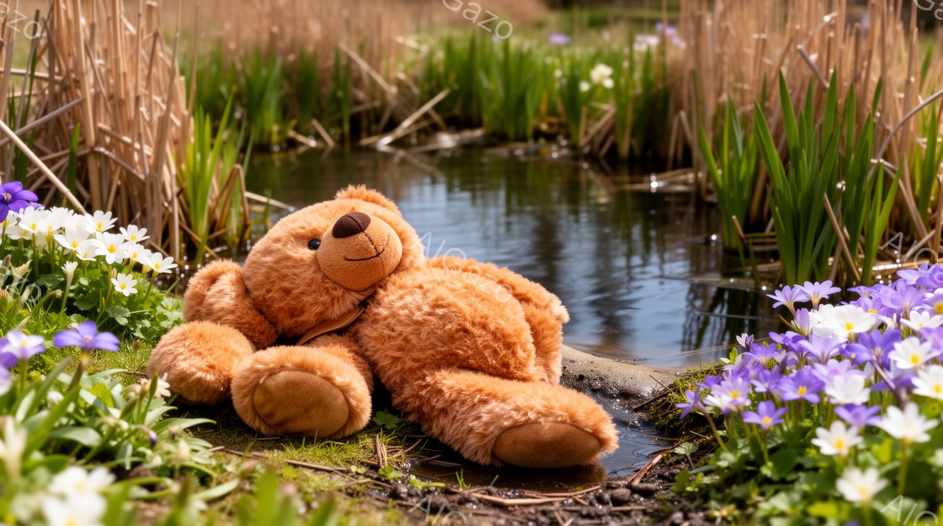 茶色いテディベアが、岸辺の草むらのそばで横たわっています。春の野原には、紫と白の花が咲き乱れ、穏やかで平和な雰囲気を醸し出しています。水面は穏やかで、反射が美しいです。 - AI生成フリー素材