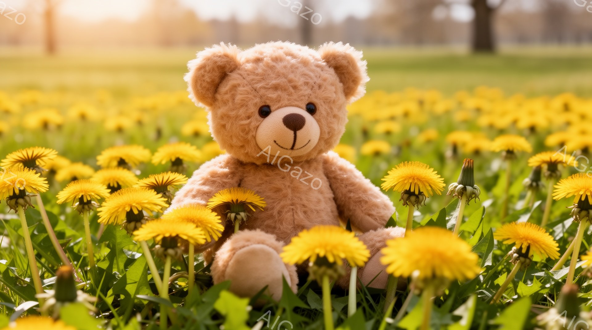 淡い黄色のタンポポが咲き乱れる草原に、茶色のテディベアが座っています。テディベアは穏やかな表情で、春の暖かさと優しい雰囲気を醸し出しています。背景はぼやけており、テディベアとタンポポが際立っています。 - AI生成フリー素材