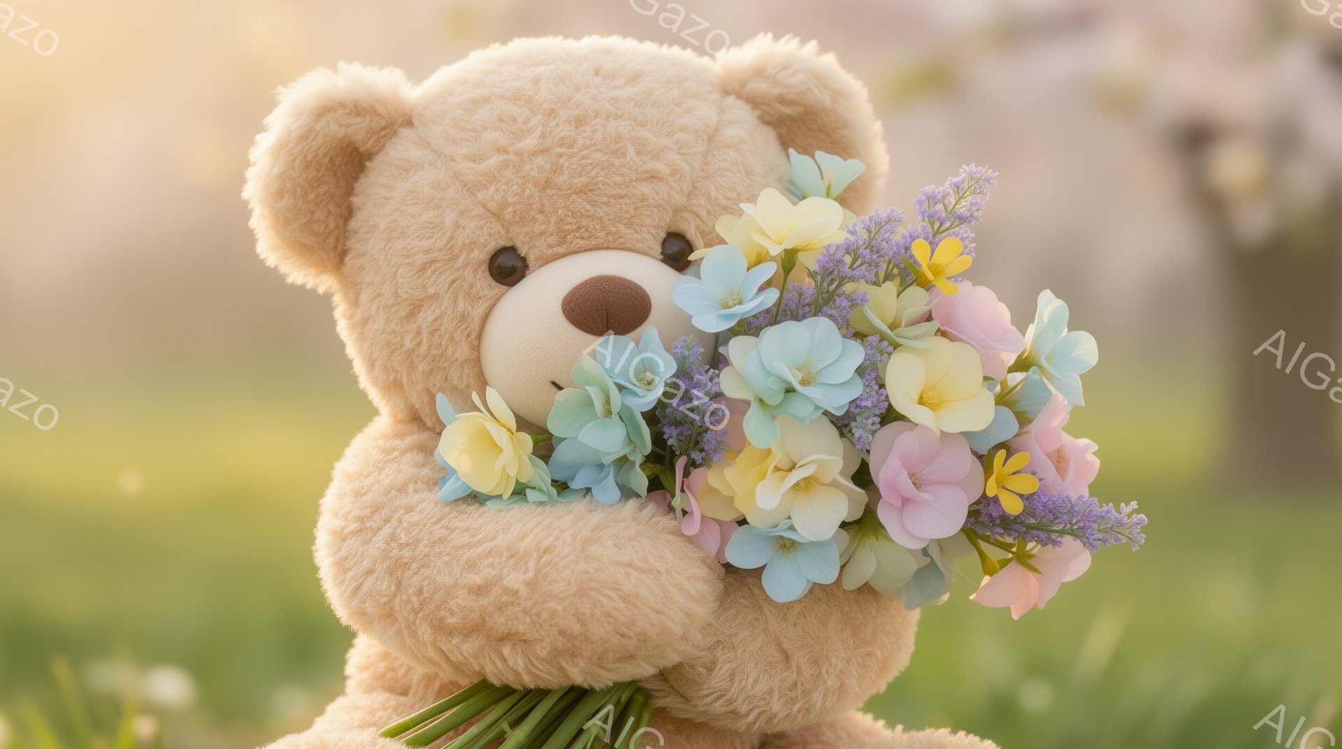 ふわふわのテディベアが、パステルカラーの花束を抱えています。背景は緑の草とぼやけた木々で、柔らかい光が全体を包み込み、穏やかな雰囲気を醸し出しています。春らしい優しい色彩が印象的です。 - AI生成フリー素材