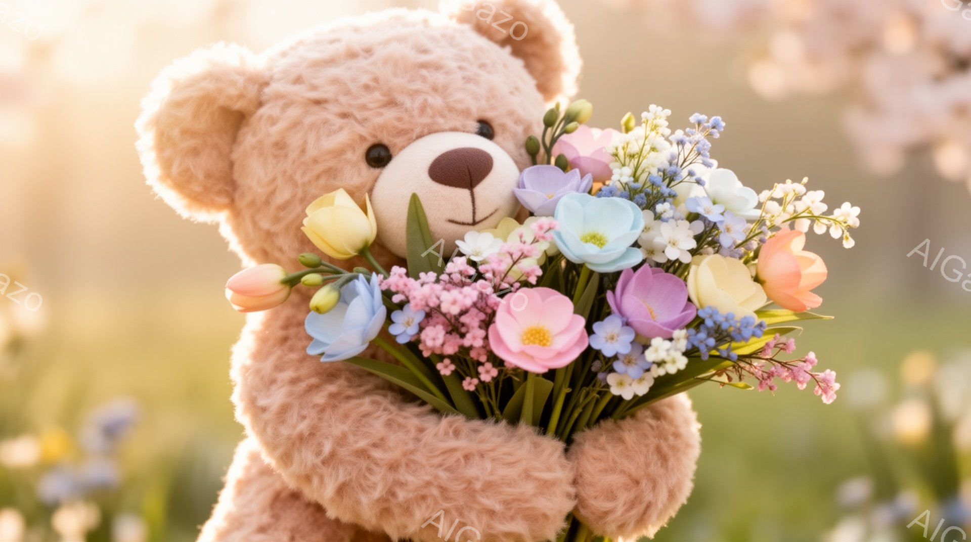 ふわふわのテディベアが、ピンク、白、紫、黄色の花束を抱えています。背景は緑の草とぼやけた桜の花で、春の穏やかな日差しが差し込んでいます。暖かく優しい雰囲気の画像です。