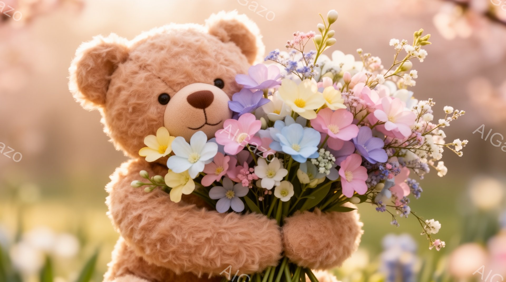 ふわふわの茶色のテディベアが、ピンク、紫、黄色の野花のブーケを抱えています。背景は春の緑豊かな草地で、柔らかい光が差し込んでいます。暖かく、優しい雰囲気が漂っています。
