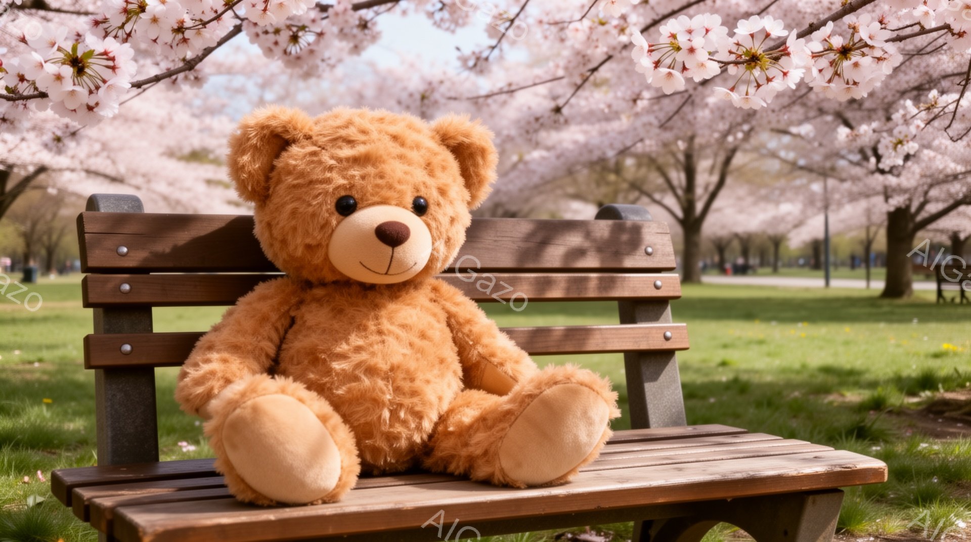 公園のベンチに座っている茶色のテディベアです。桜の木が咲き誇り、春の穏やかな日差しが差し込んでいます。可愛らしいテディベアは、まるで人間のようにリラックスした様子で座っています。