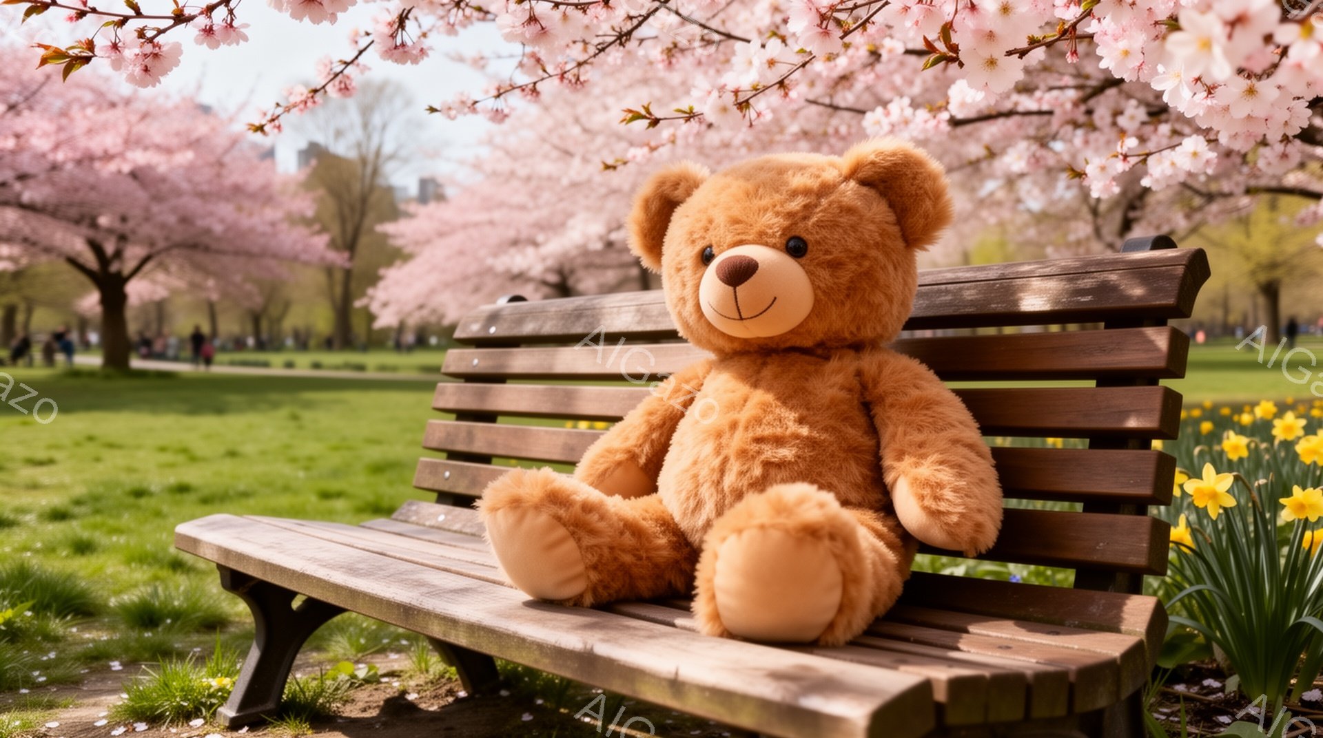 公園のベンチに座っている茶色のテディベアです。背景には桜が咲き誇り、黄色い花が咲き乱れて春の暖かさを感じさせます。穏やかで平和な雰囲気の風景です。 - AI生成フリー素材