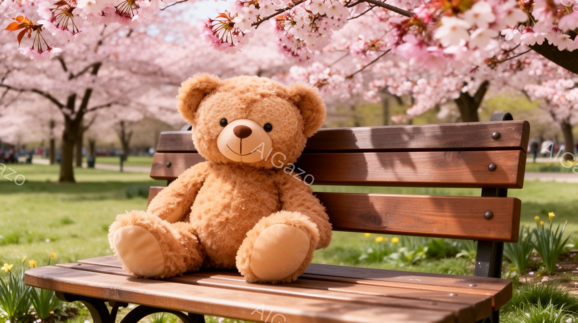 公園のベンチに座っているテディベアが写っています。周りには桜の木が咲き誇り、春らしい穏やかな雰囲気が漂っています。足元には黄色い花が咲き、ベンチの木製の色合いと相まって温かい印象を与えます。